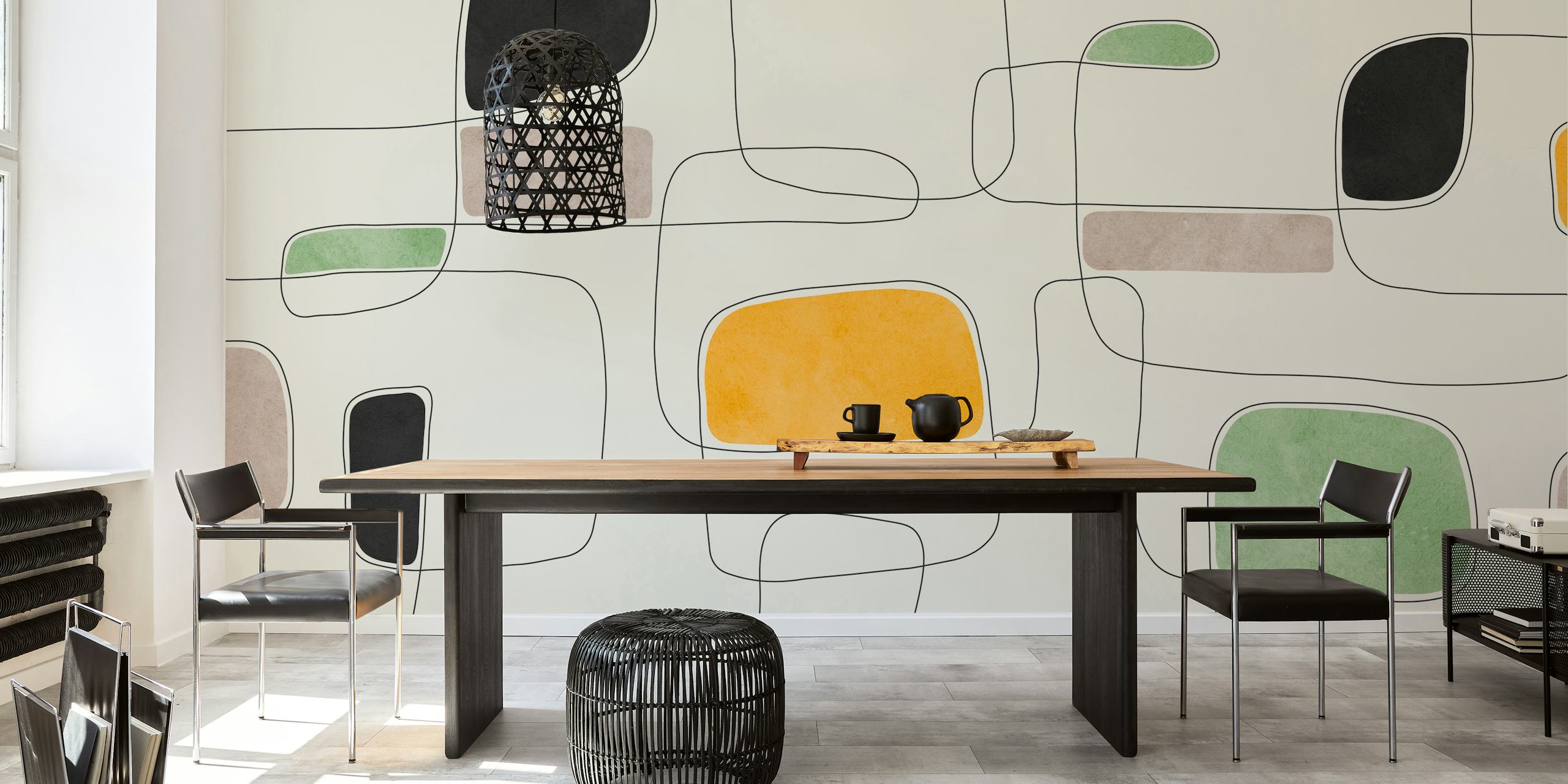 Abstract wall mural featuring hand-drawn lines and brushstrokes in neutral and bold colors