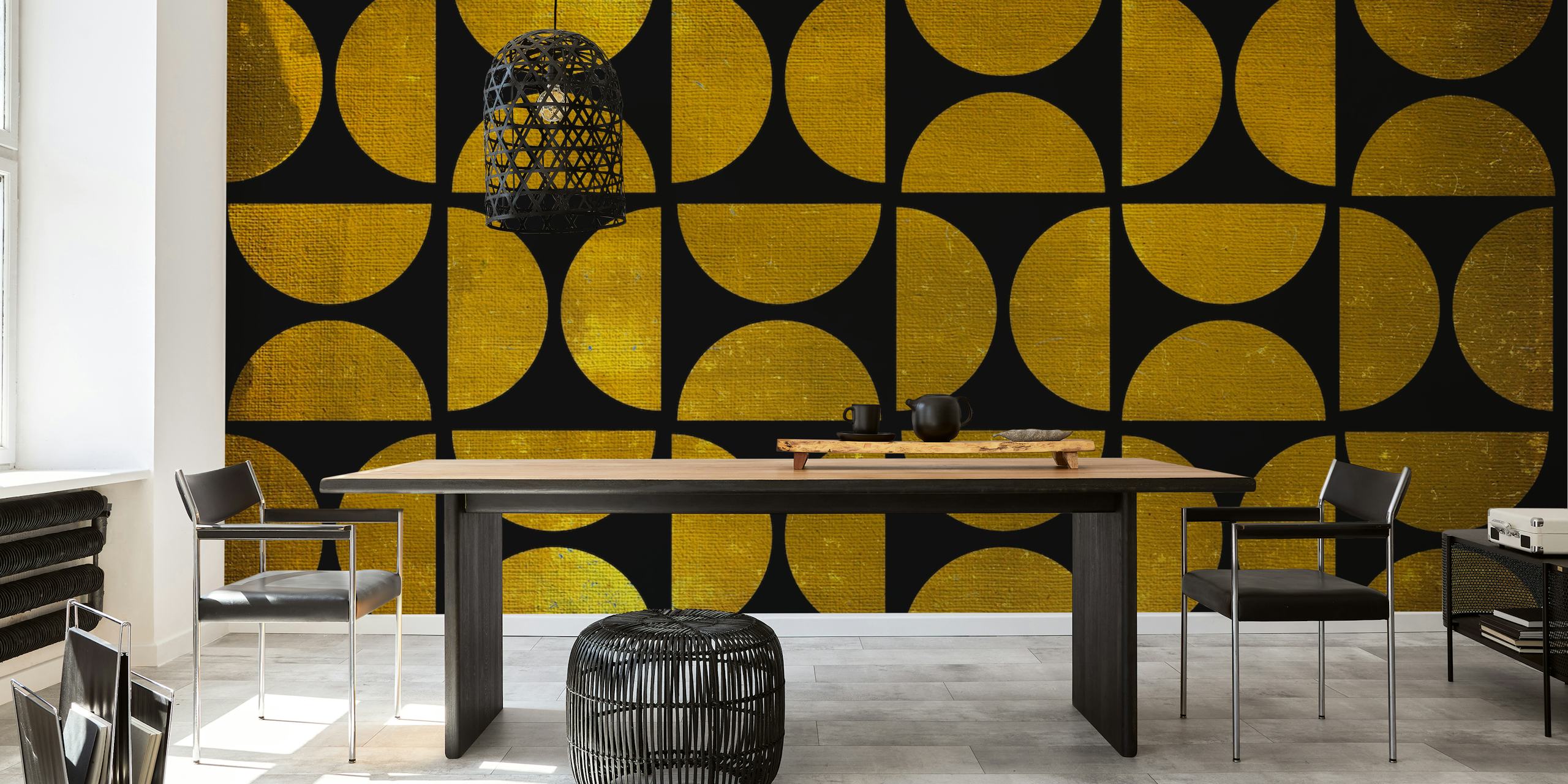 Geometric gold shapes on a black background wall mural