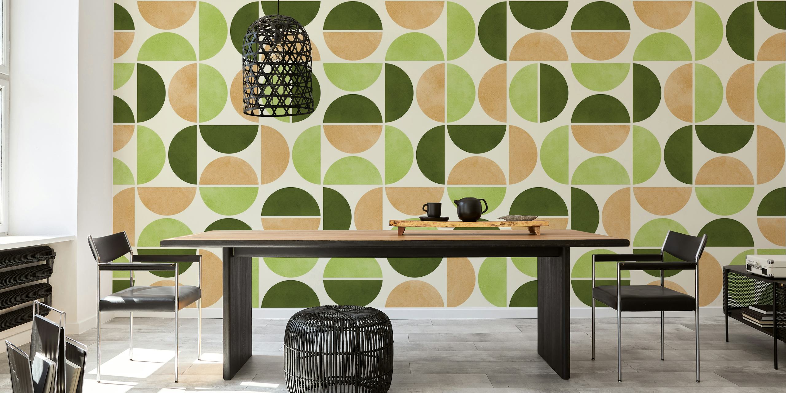 Motif de cercles vert et beige sur fond crème wallpaper