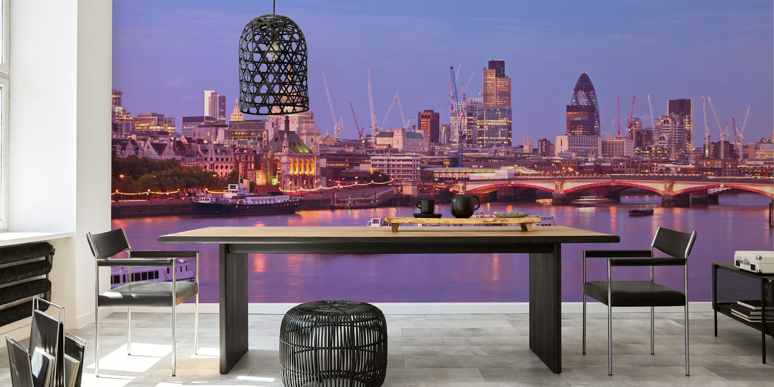 Wall mural of the River Thames in London at dusk with city skyline