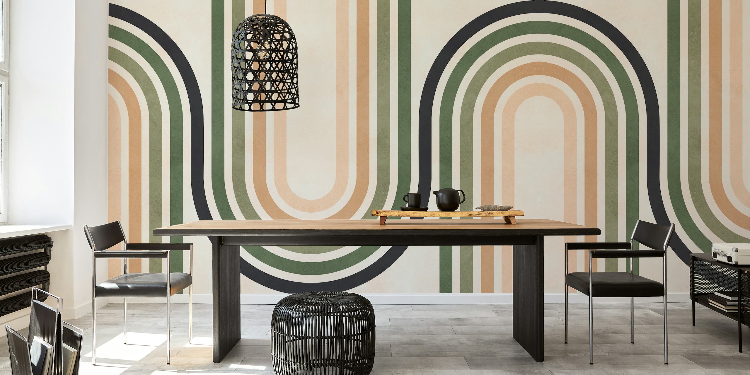 Curved lines in green and beige colors, geometric wallpaper