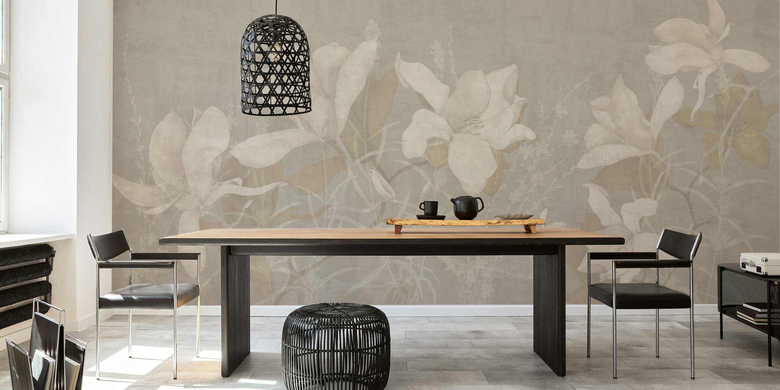 Magnolia Morning Pergament Latte behang in een kamer