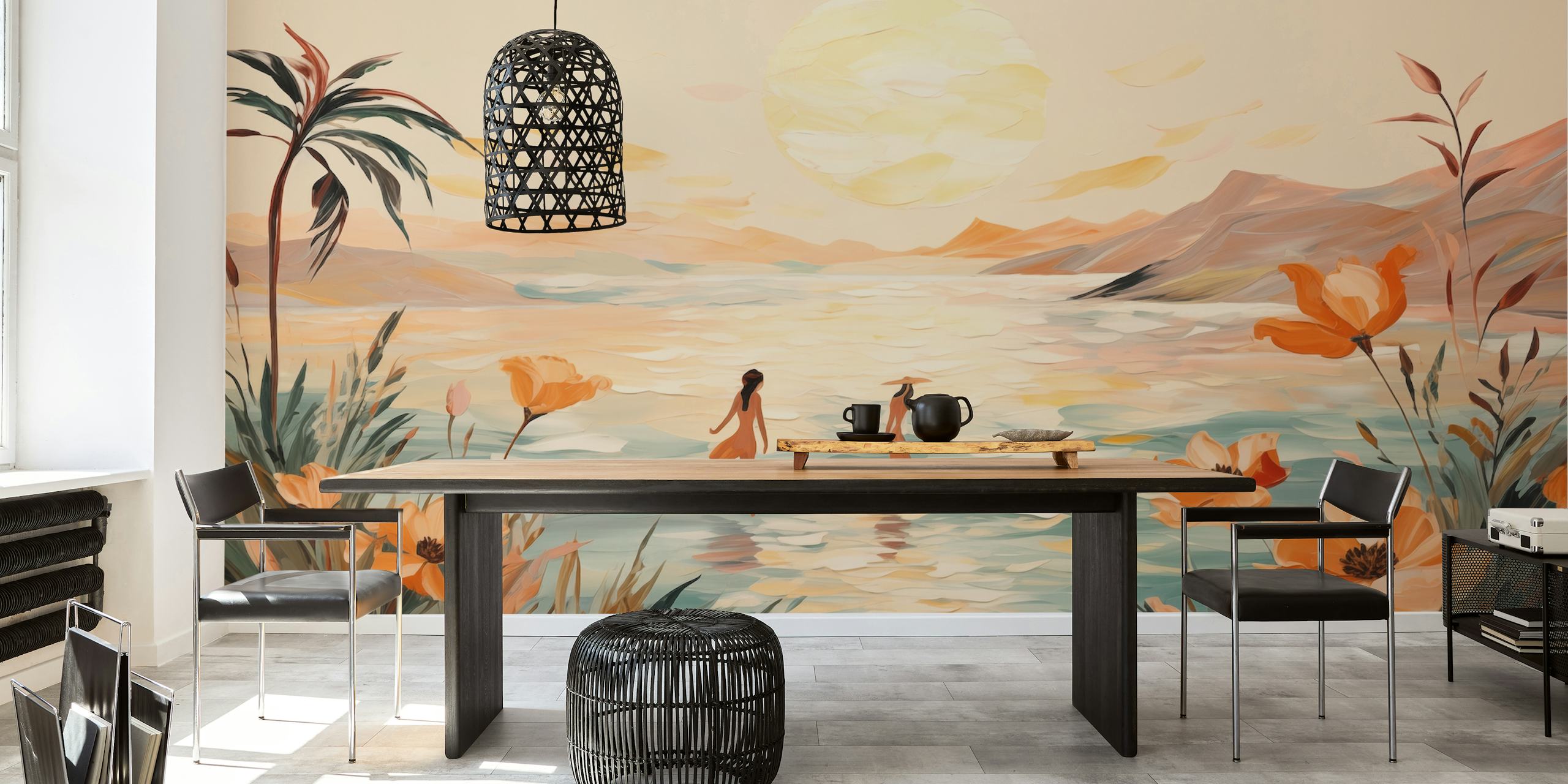 Beach girls in water with palm trees and orange flowers, pastel colors, impressionist style wallpaper