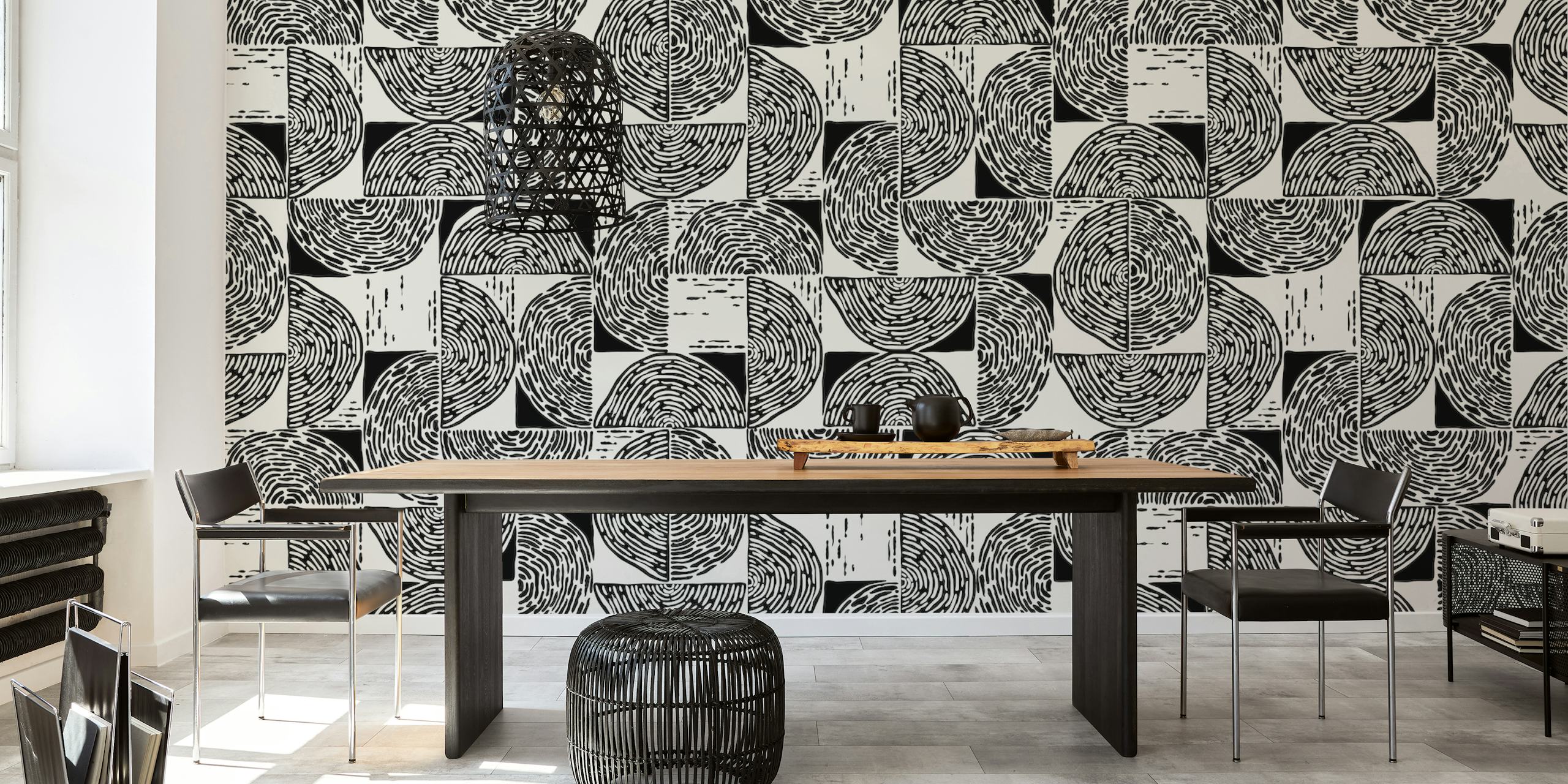 papel tapiz black and white wood block print en una habitación