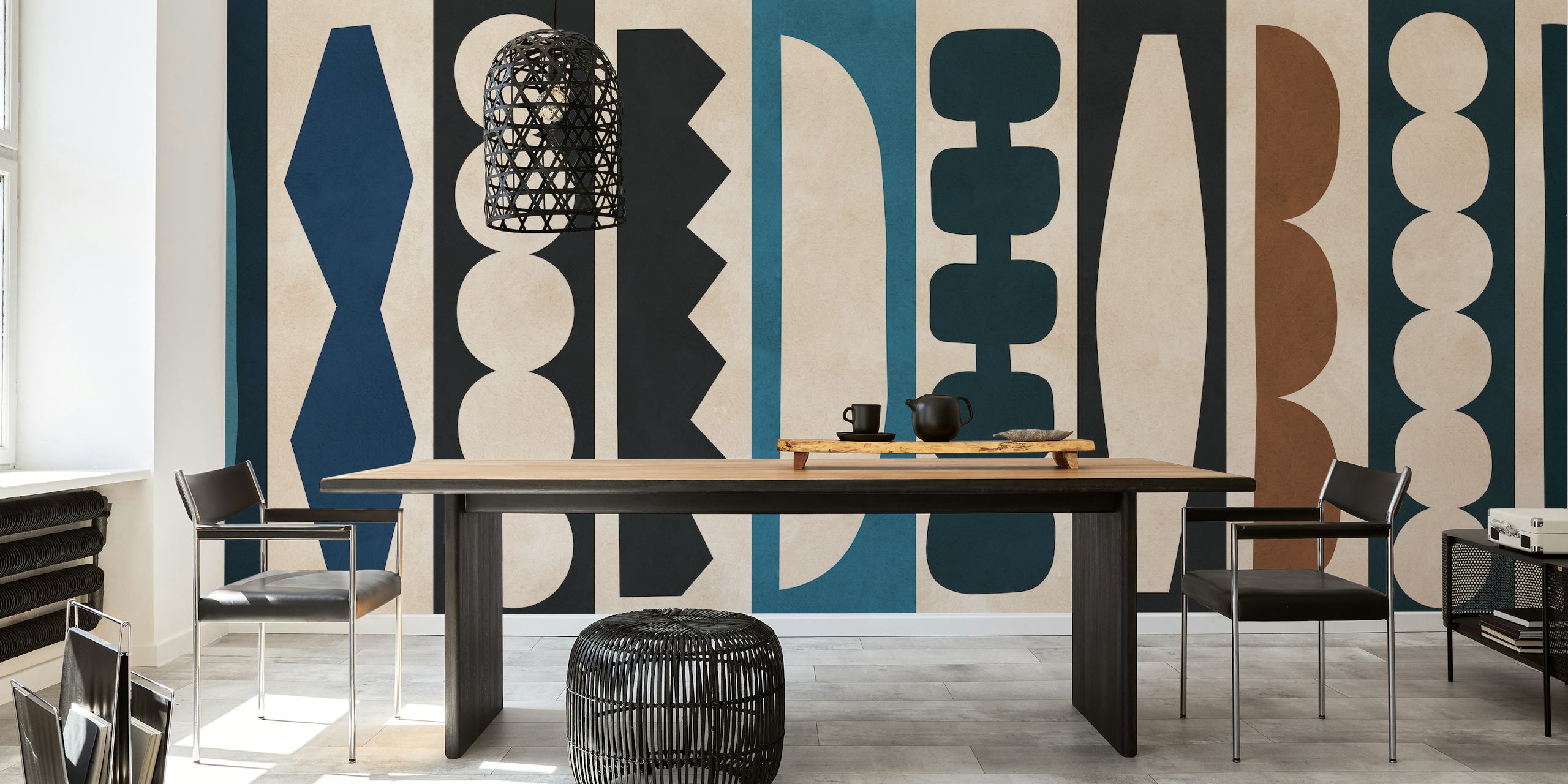 Tribal pattern wallpaper with navy, cream and brown geometric shapes