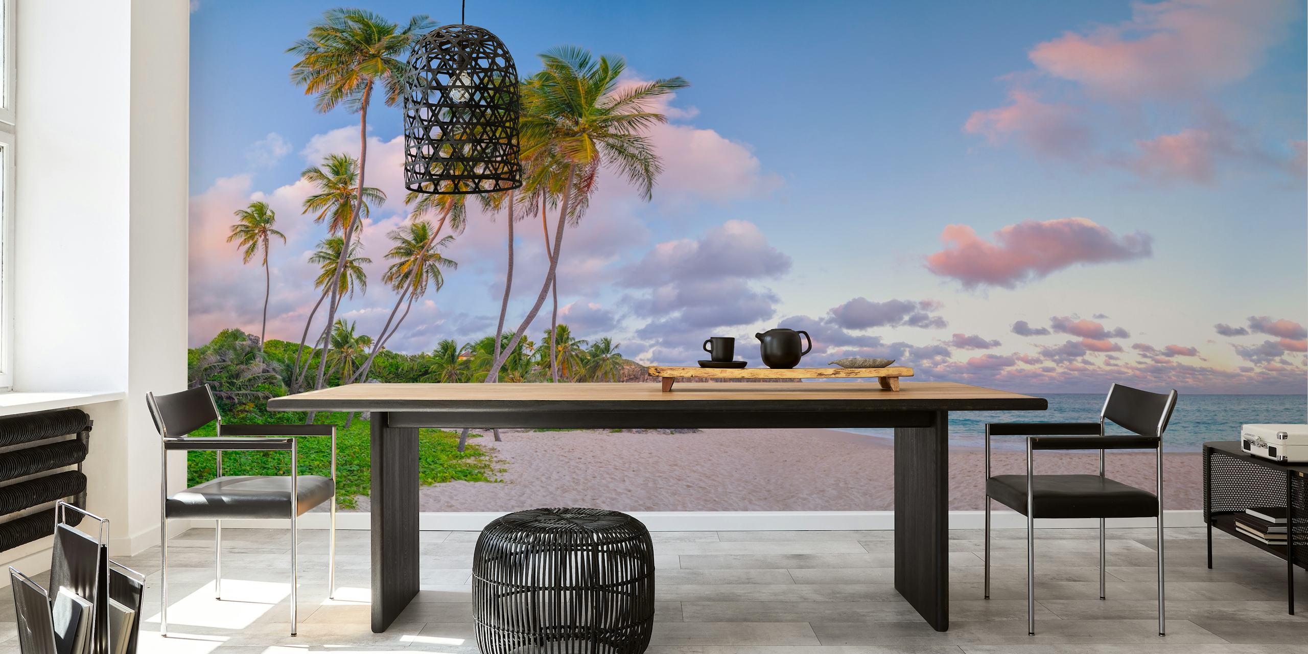 Tropical beach scene with palm trees and sunset colors wallpaper