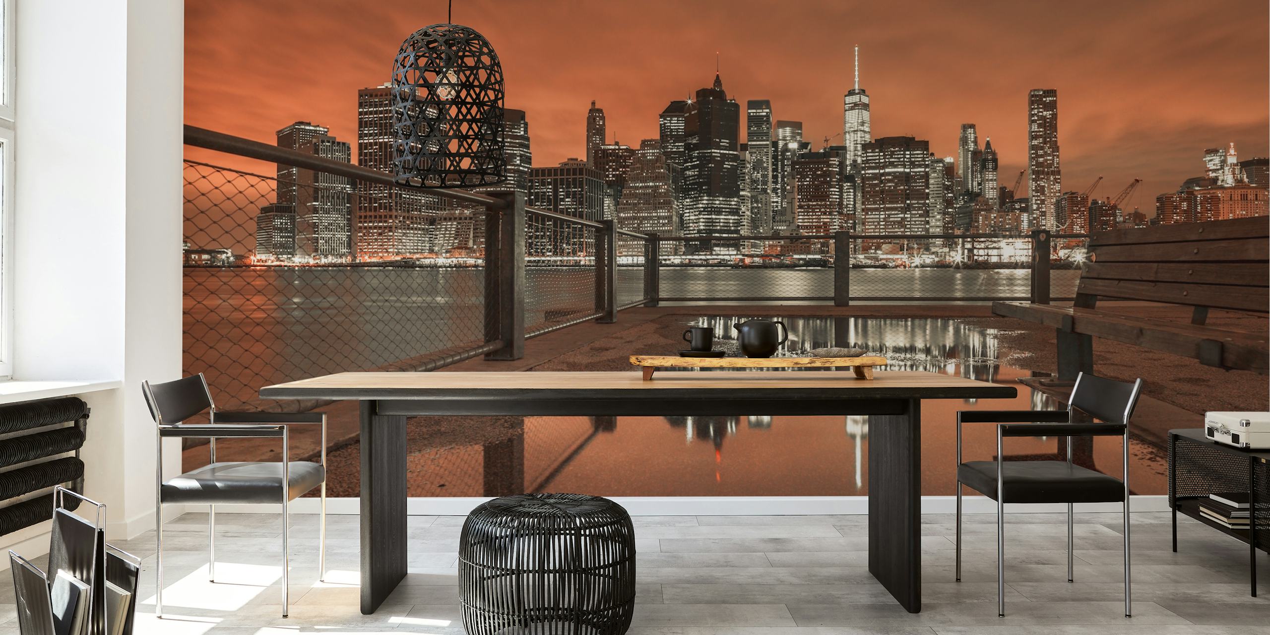 Lower Manhattan skyline wallpaper in a room