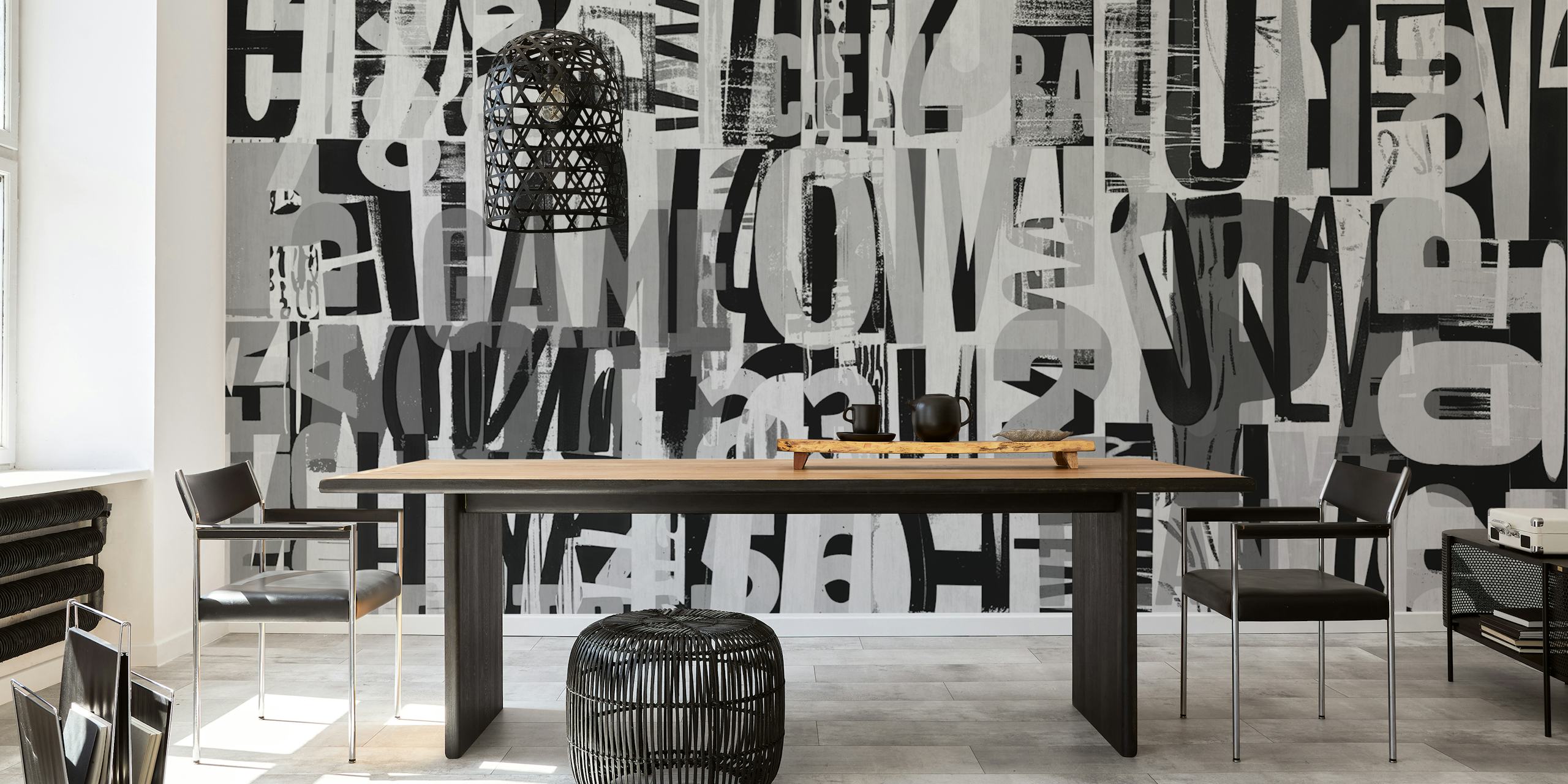 Greyscale typography pattern featuring bold letters and numbers wallpaper