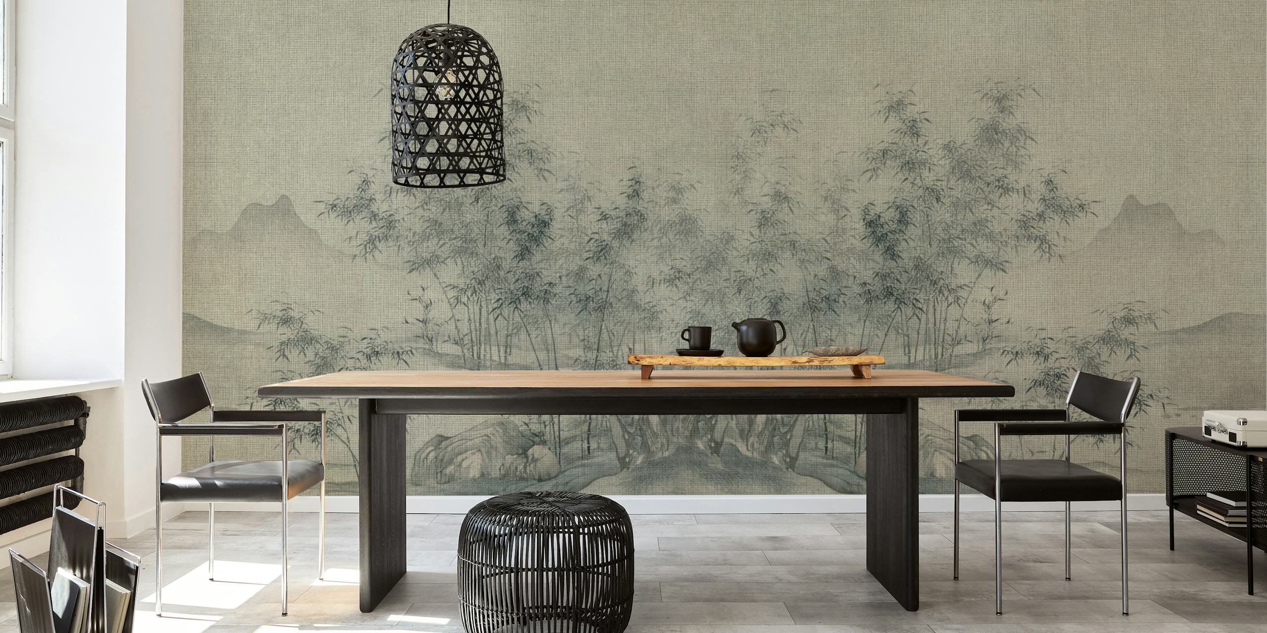 Asian landscape wallpaper with bamboo, mountains, and watercolors