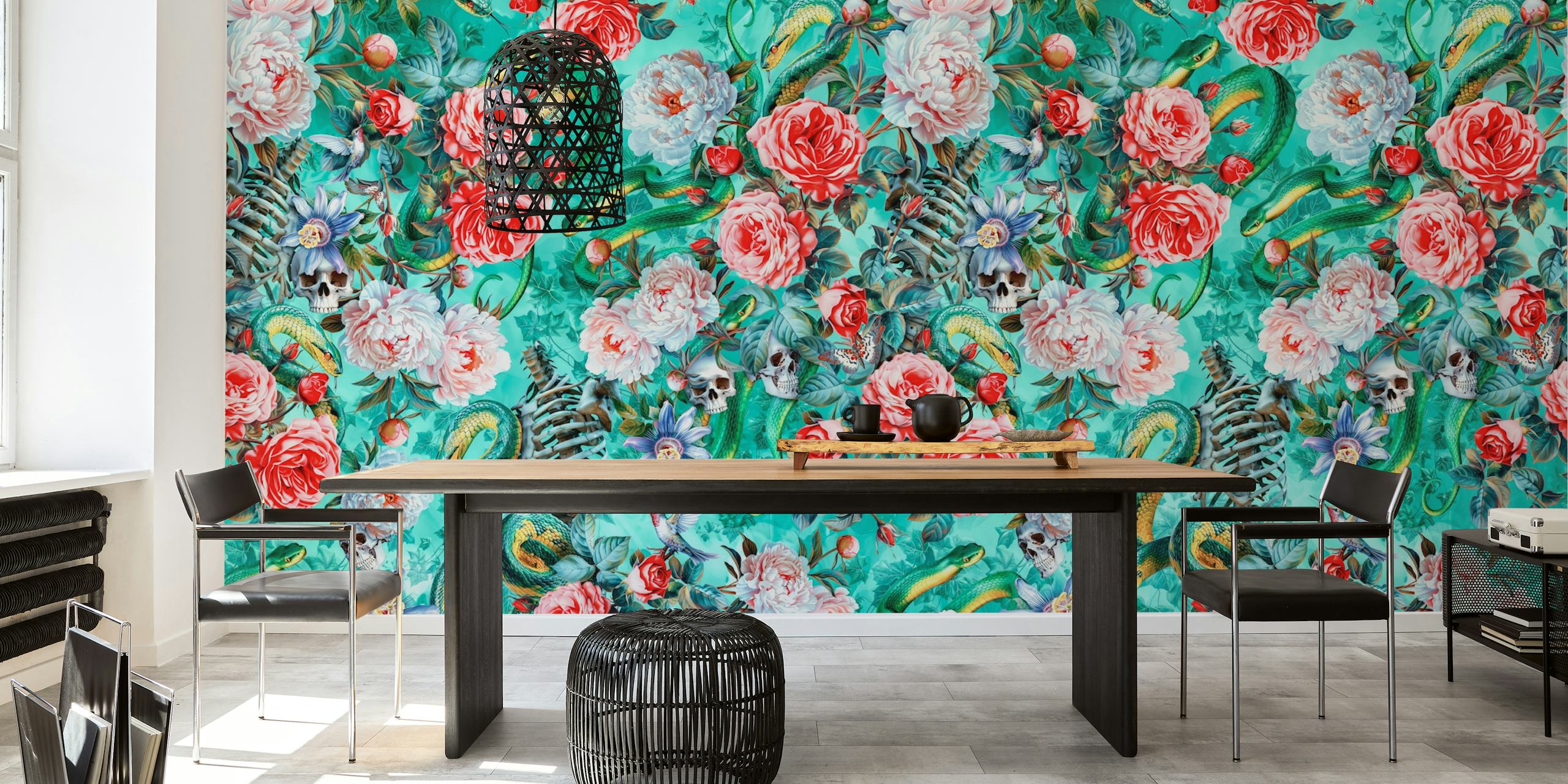 Floral wall mural with teal, pink, and green hues