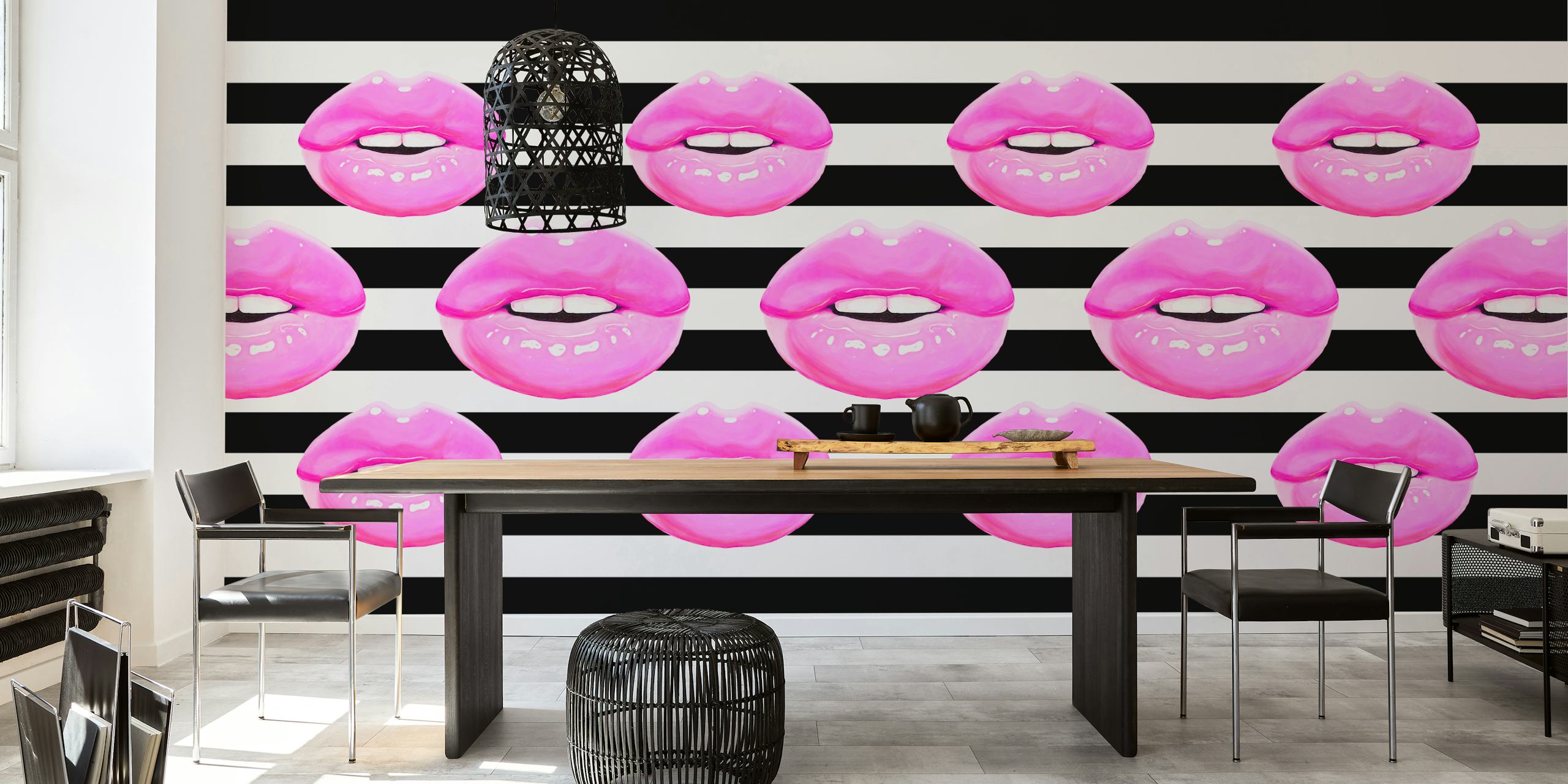 Bold pink lips on black and white striped wallpaper