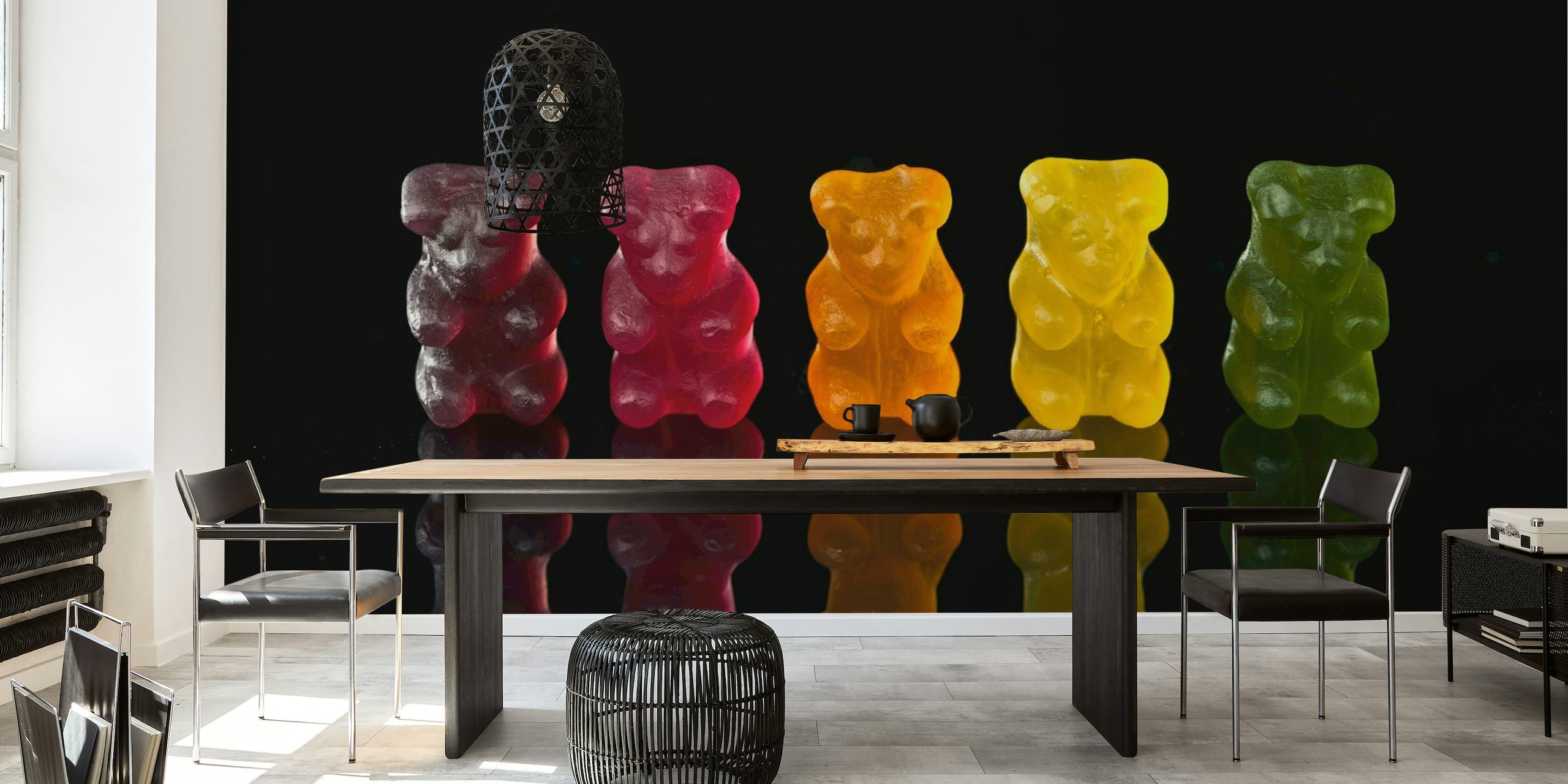 Colorful jelly bear mural on a black background