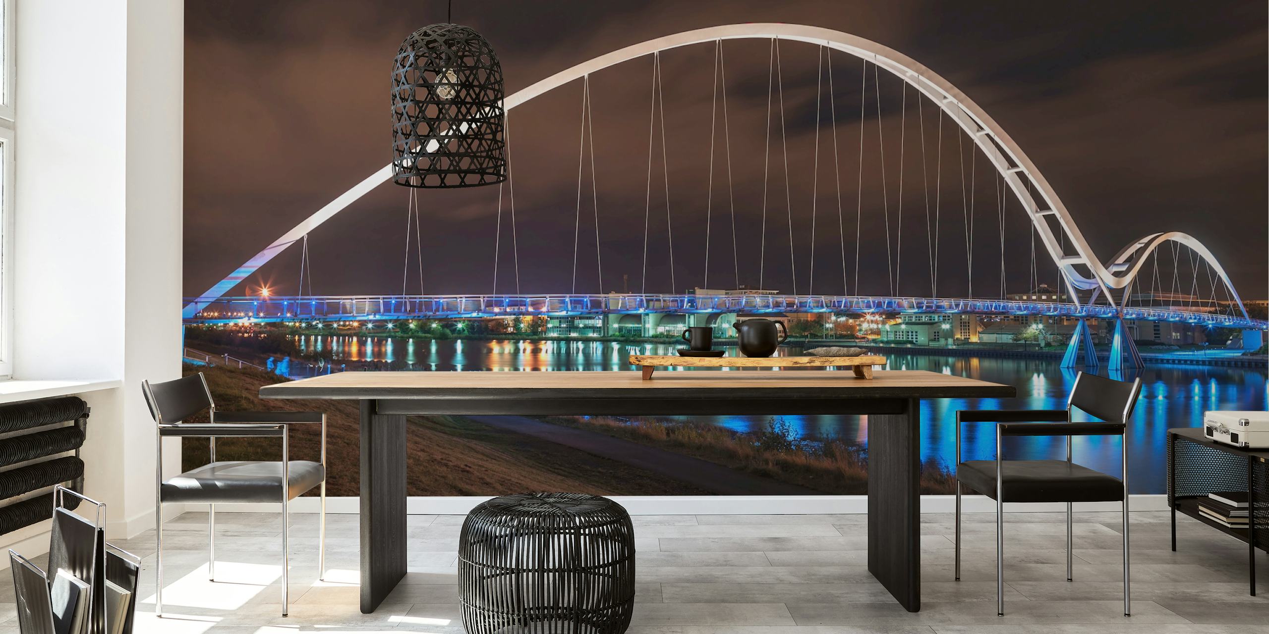 Modern white bridge at night with blue lights reflection wallpaper