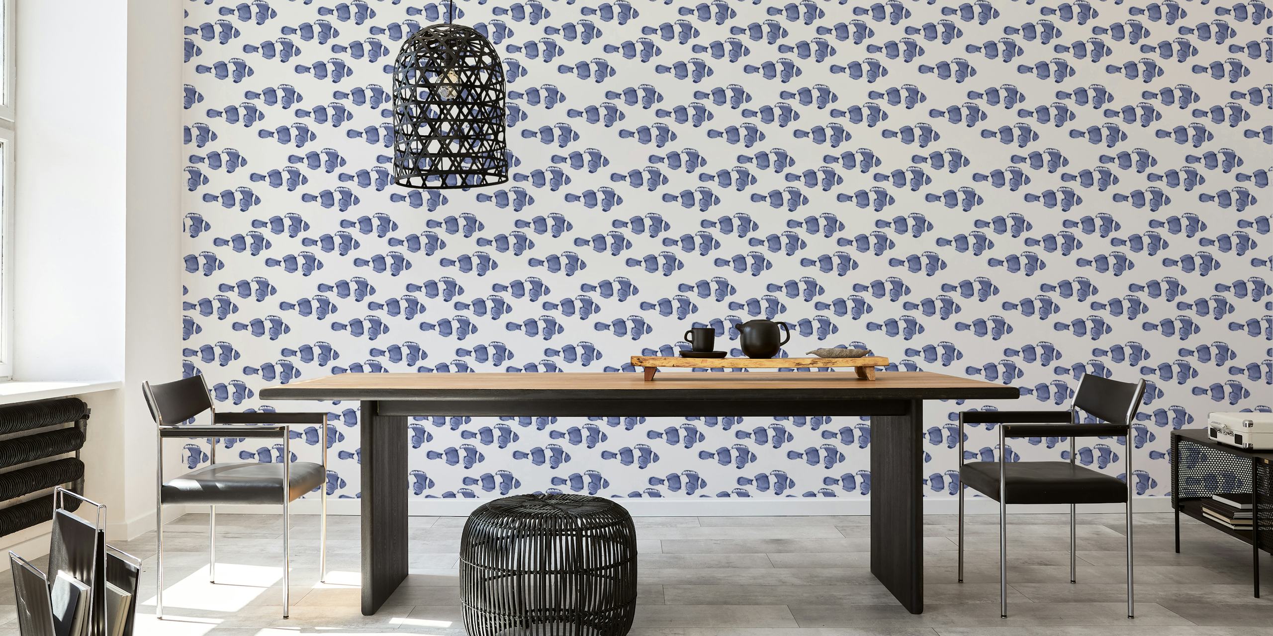 Shimmering Fish Blue wallpaper in a stylish room