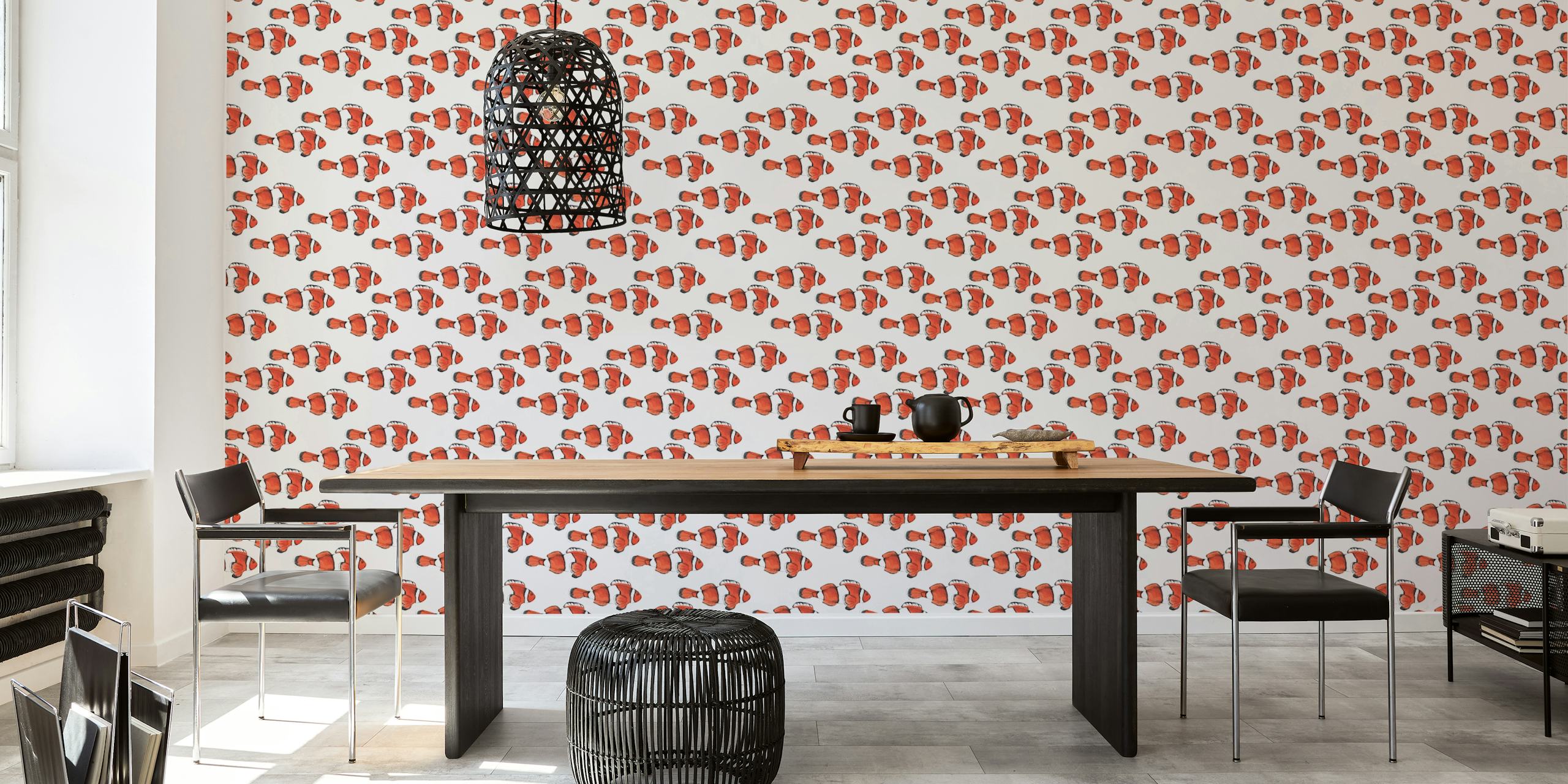 Repeated pattern of red fish on a white background wallpaper