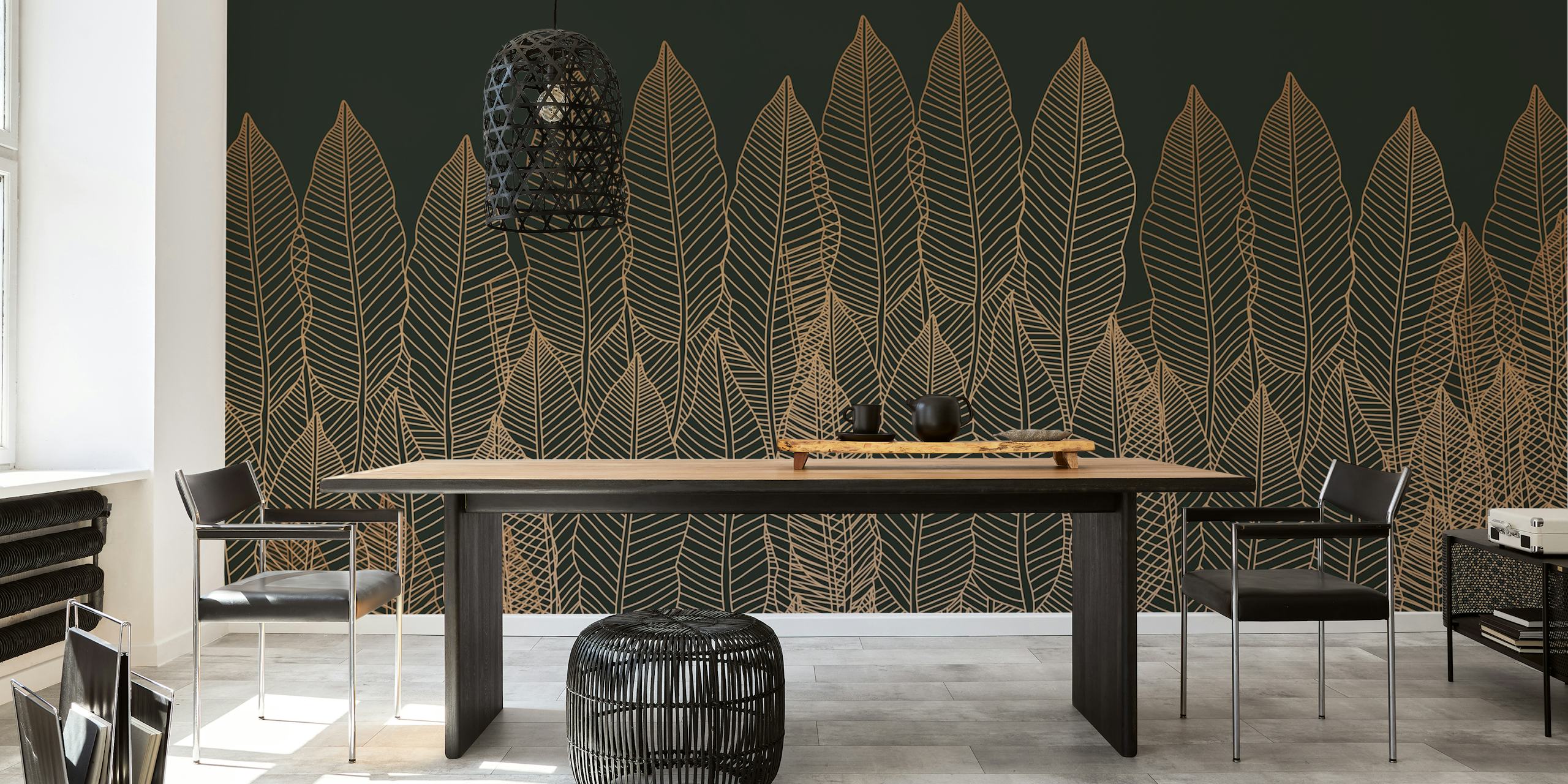 Gold tropical palm leaves on a dark background wallpaper