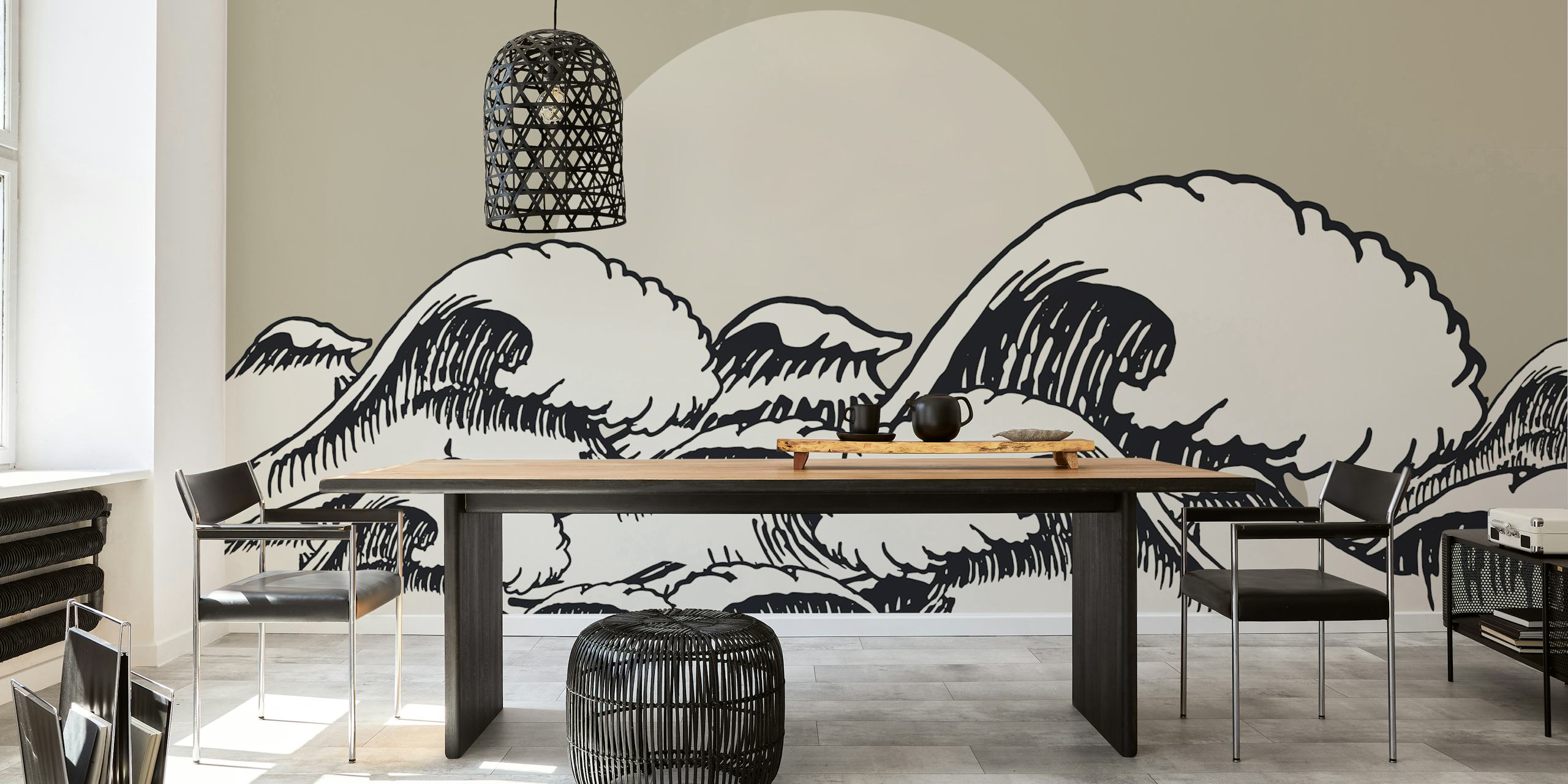 Ocean Sun Black wall mural with monochrome waves and a pale sun