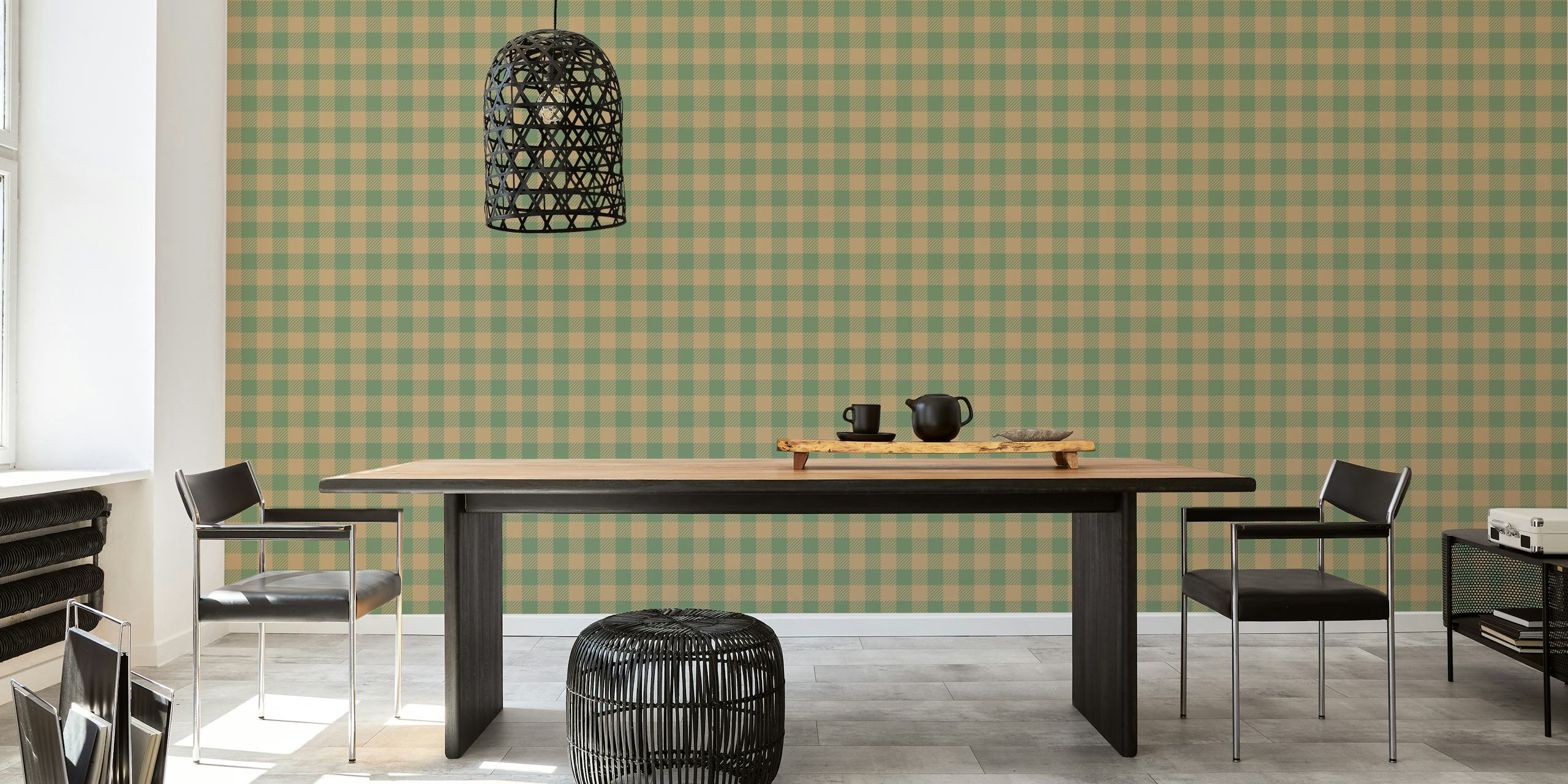 Abstract Chess Green Beige tapet i ett rum