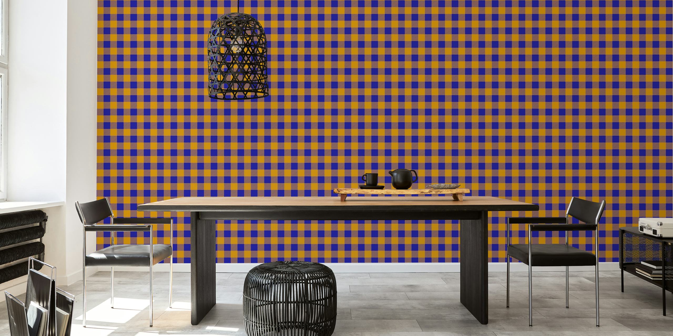 Abstract mustard and blue chessboard pattern wall mural