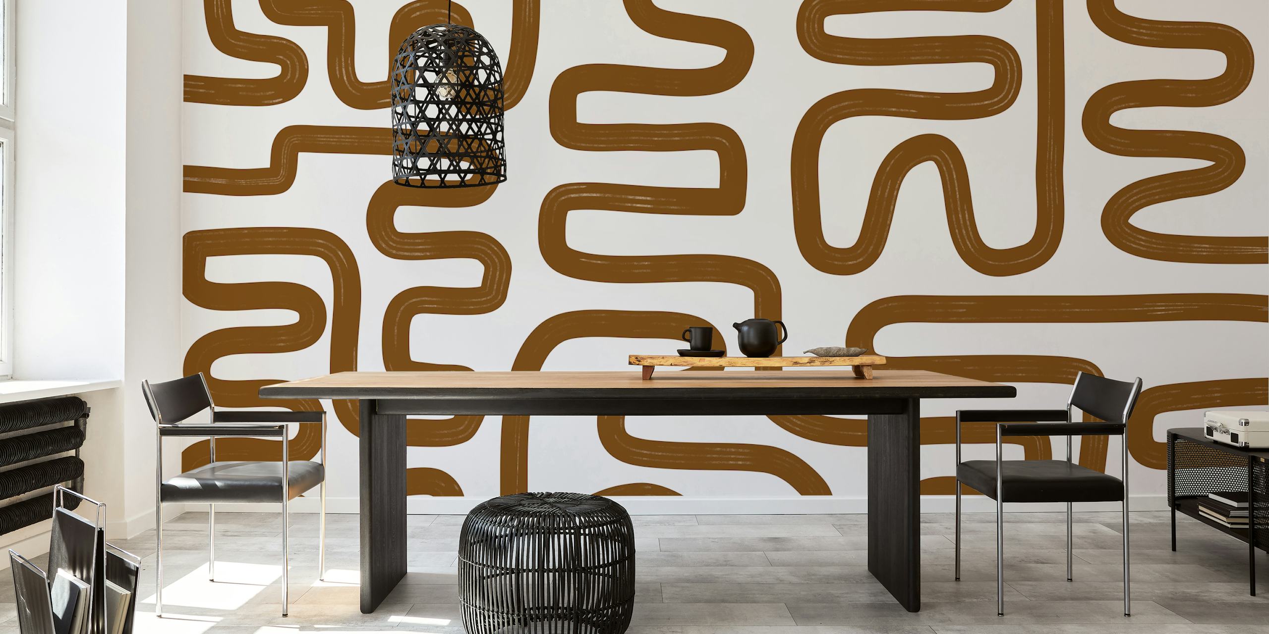 Ταπετσαρία Abstract Line Brown σε ένα δωμάτιο