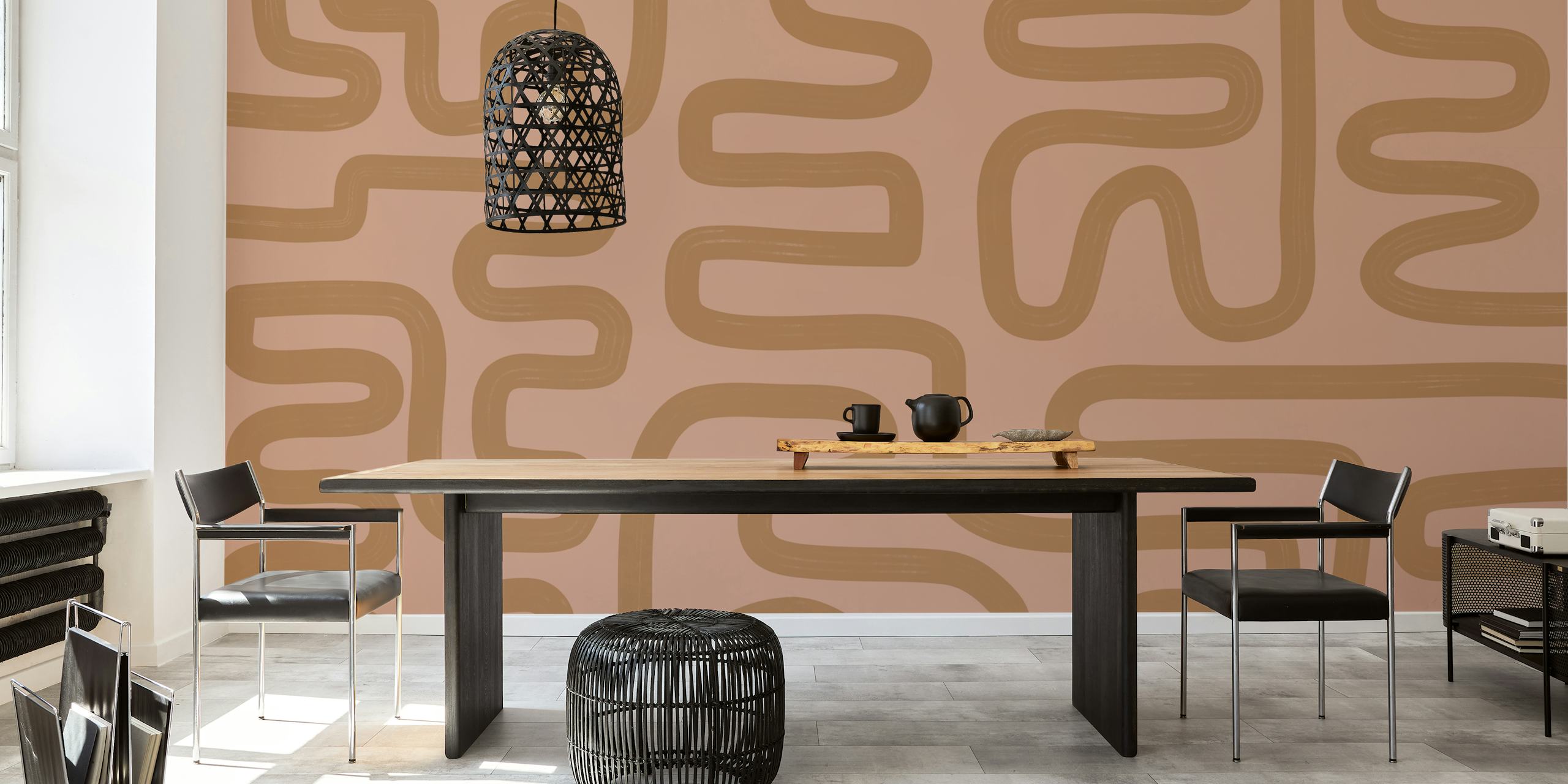 Mural de pared de líneas abstractas en color beige con diseño de líneas entrelazadas en Happywall