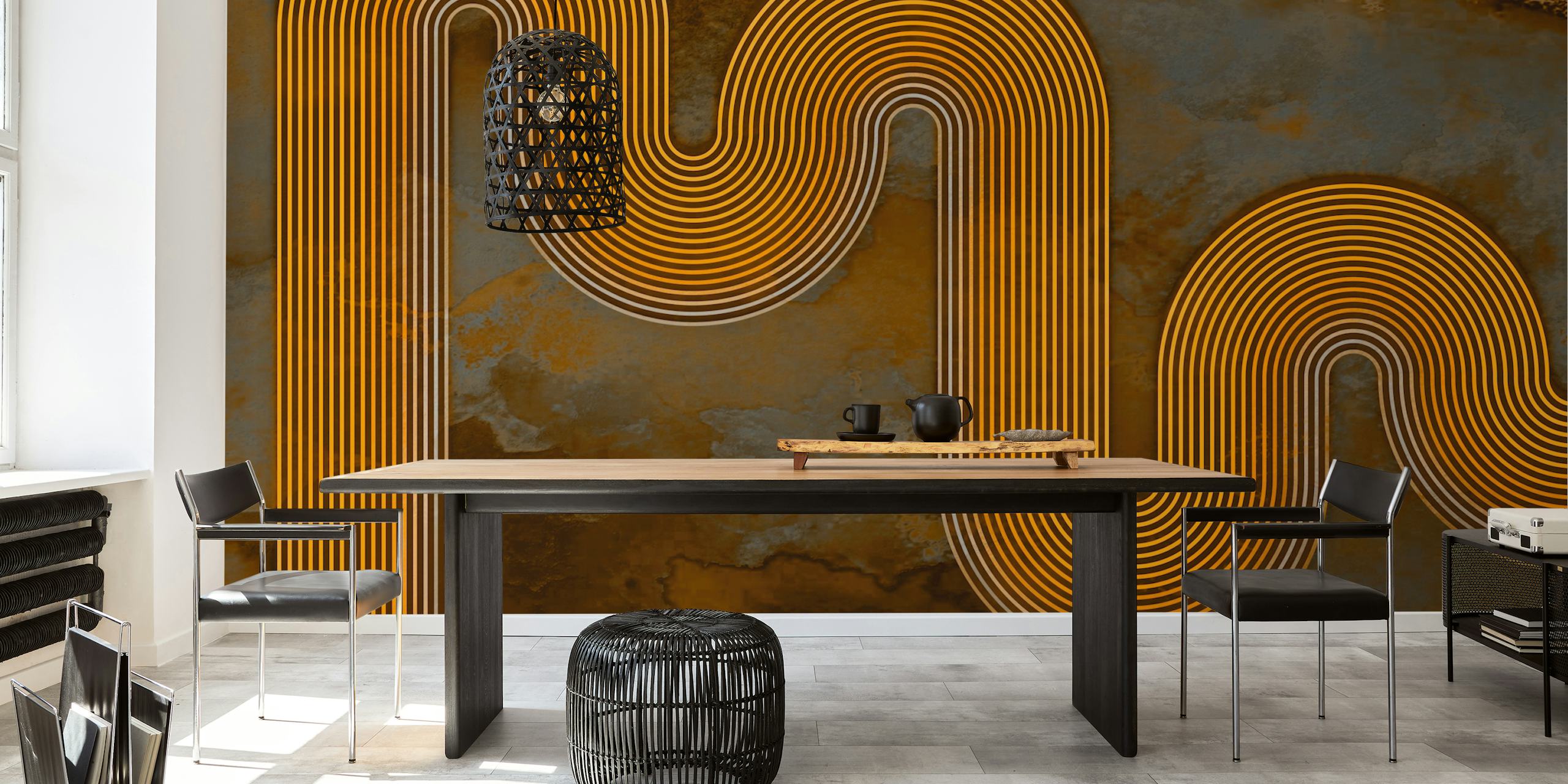 Curved gold lines on textured brown background wallpaper