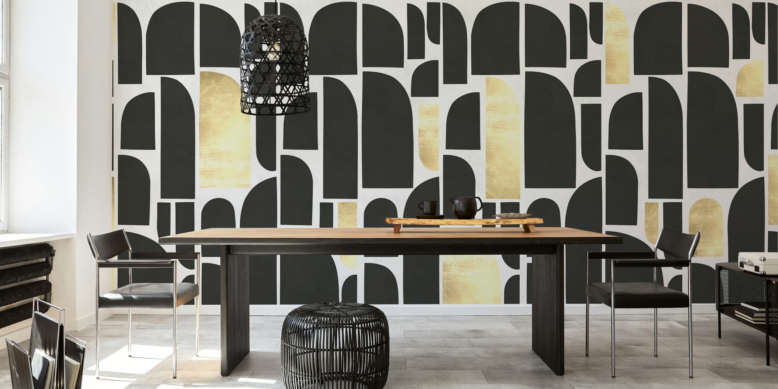 Abstract shapes in black and gold on a white background wallpaper