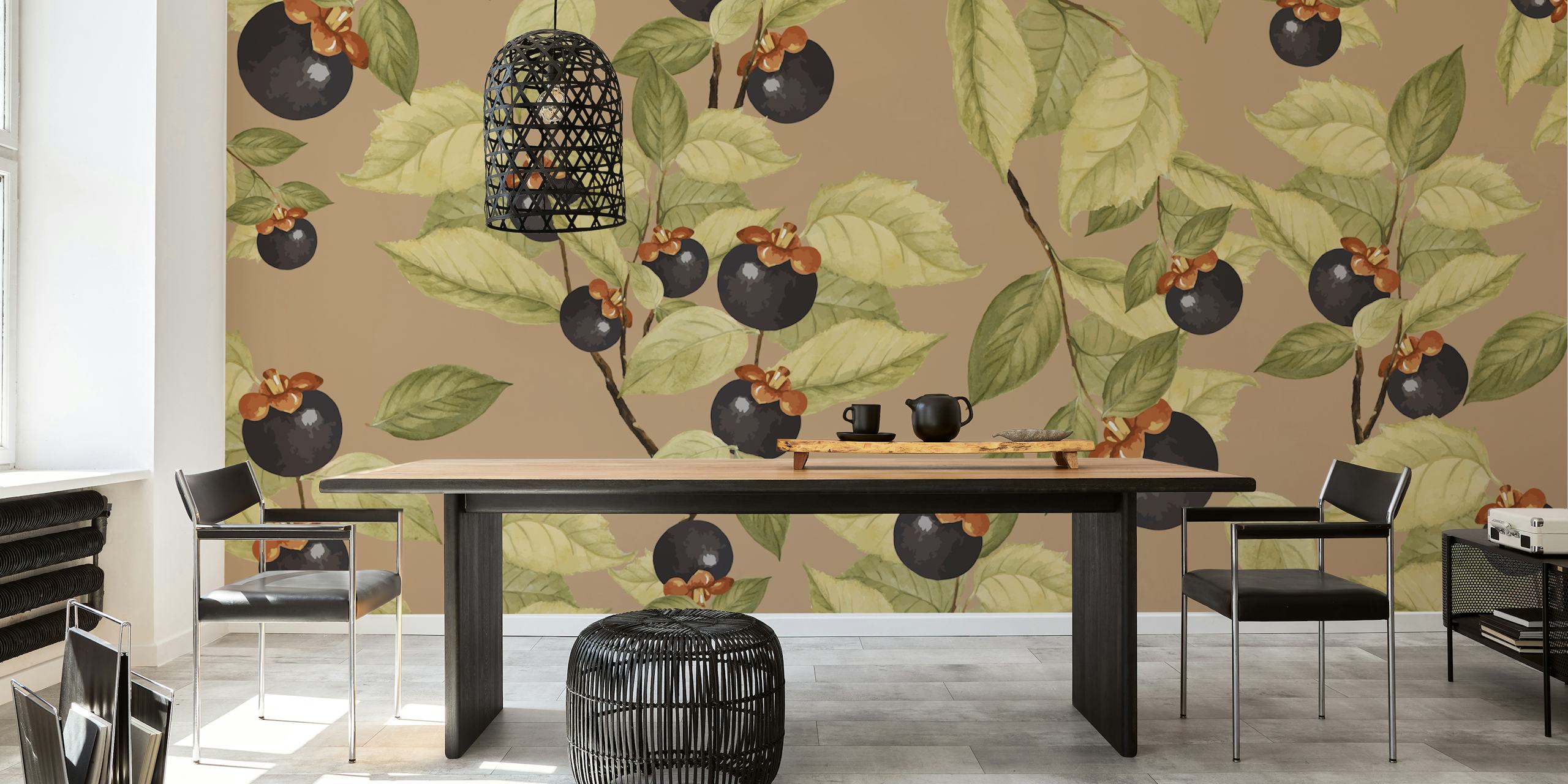 Black fruit and green leaves on beige wallpaper