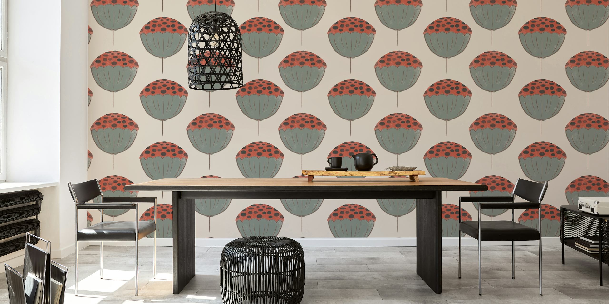 Mid century floral pattern with green and red flowers on beige wallpaper