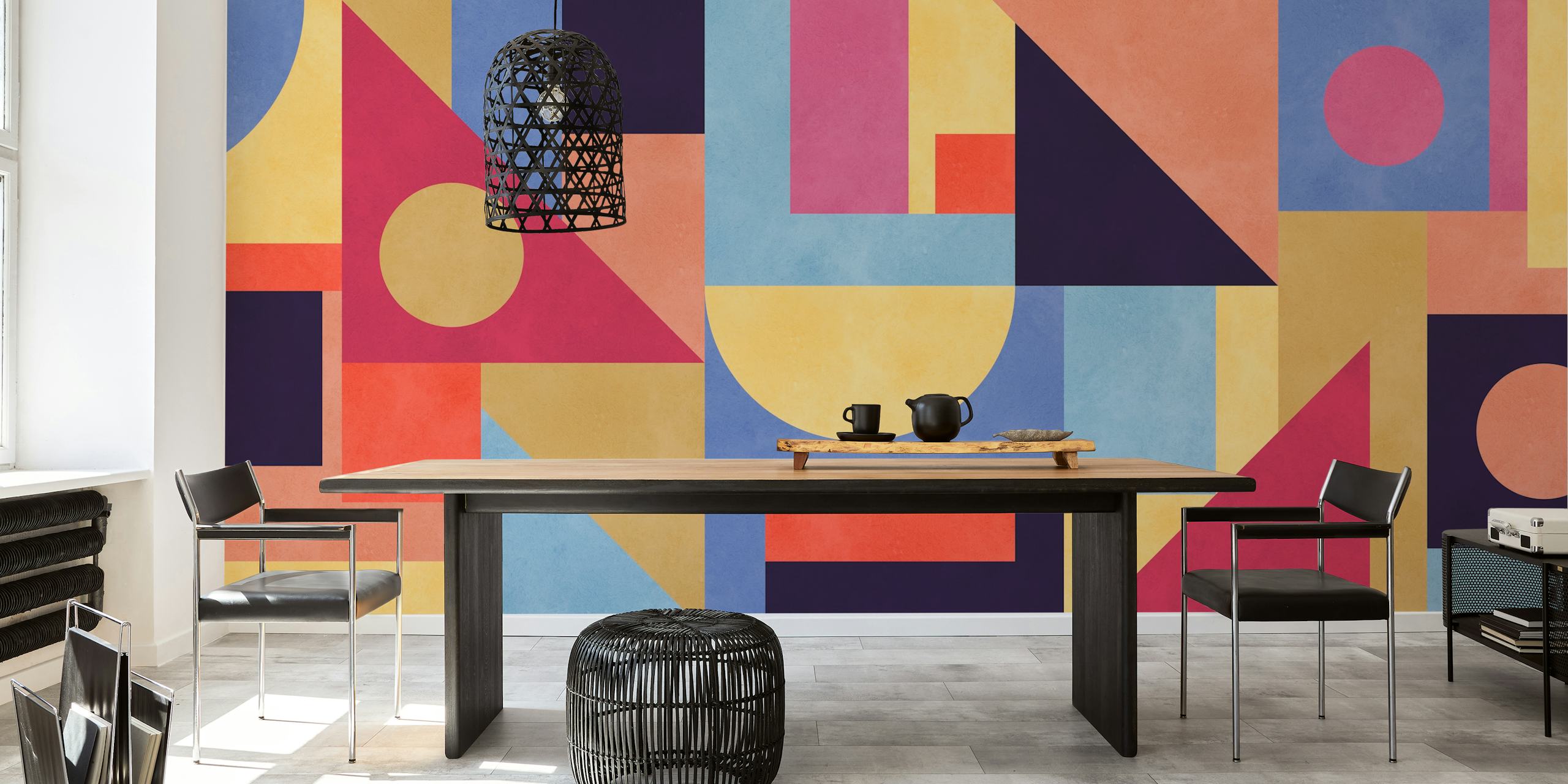 Colorful geometric shapes wallpaper in a room