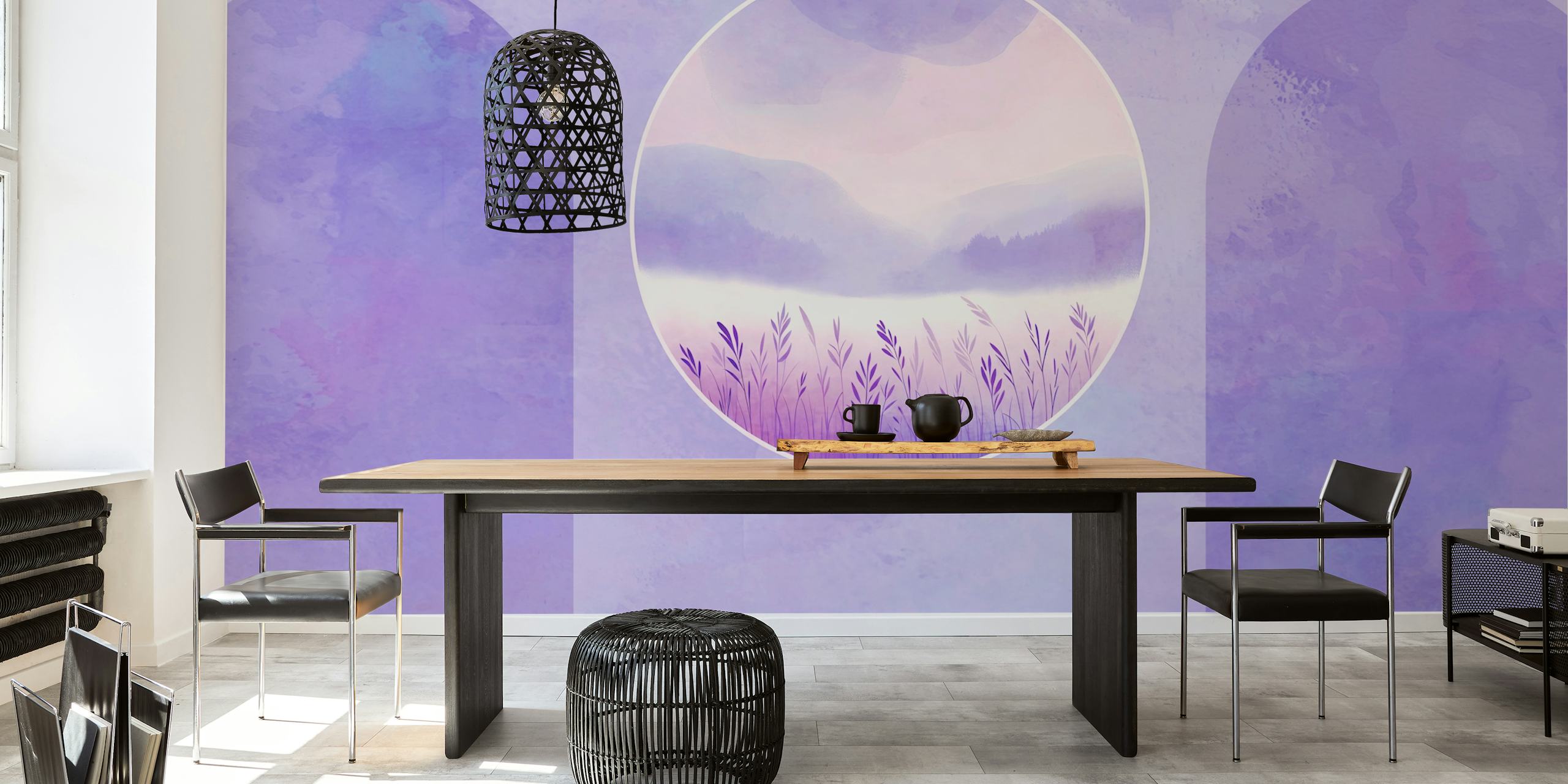 Lavender field landscape in soft purple tones wallpaper