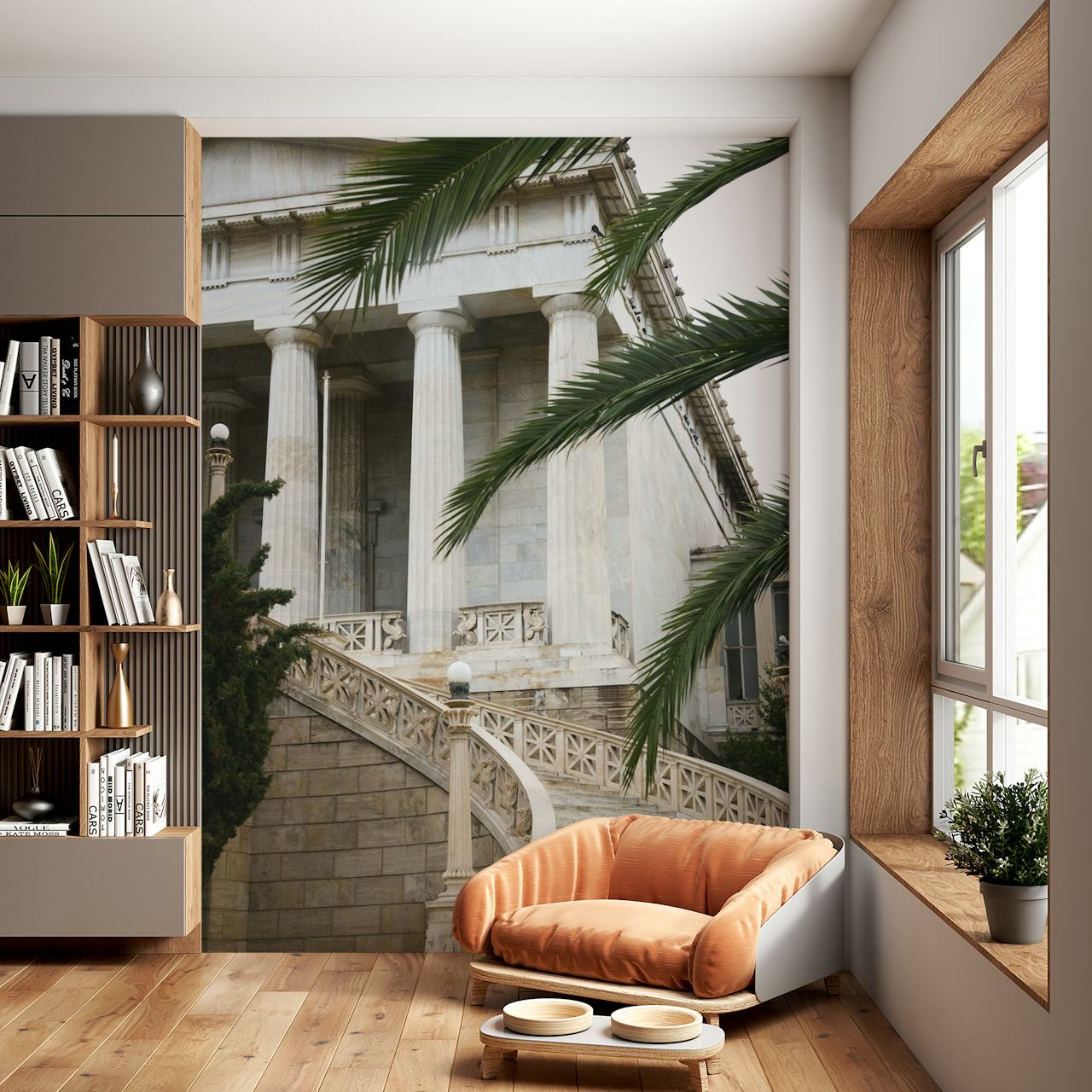 Marble stairs with columns and palm trees wallpaper