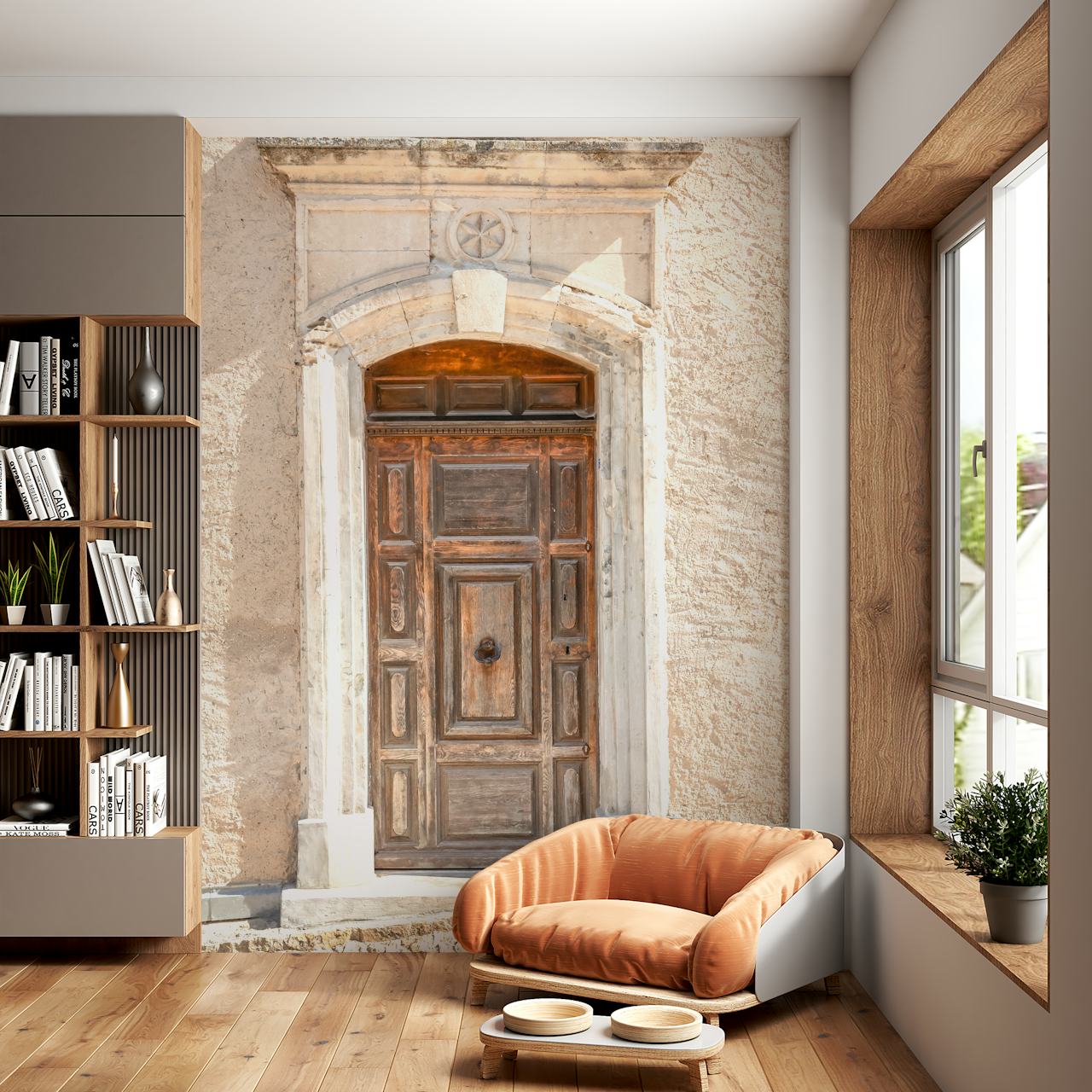 Old weathered wooden door with arch detail on textured wall wallpaper