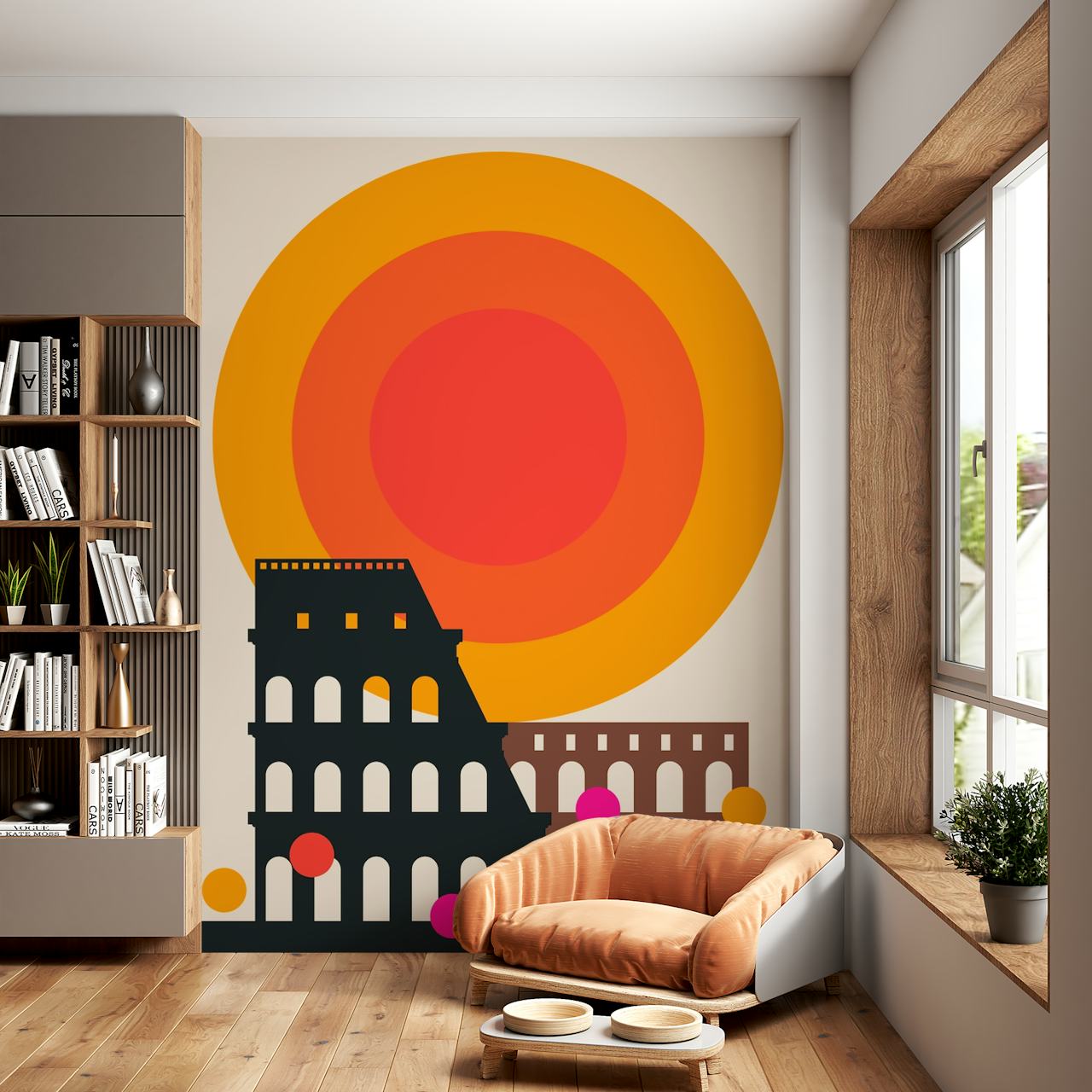 Artistieke illustratie van het Colosseum in Rome met een geometrische zonsondergang