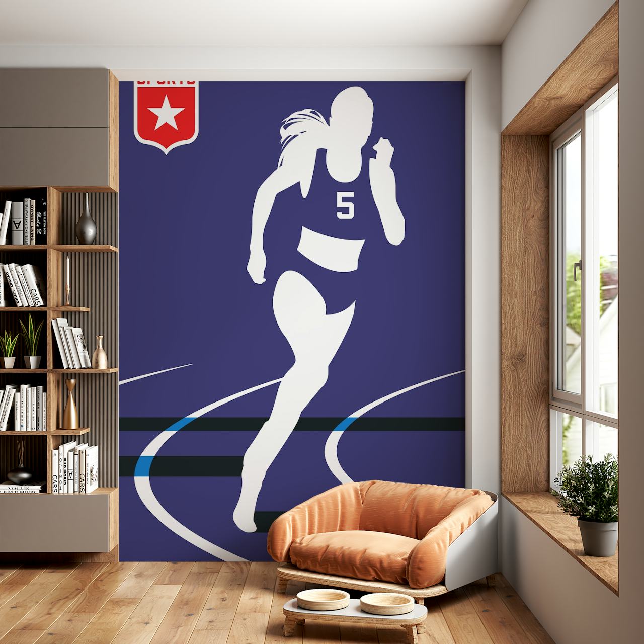 Τοίχος τοιχογραφίας ενός Runner σε σιλουέτα με γραμμές πίστα σε μπλε φόντο