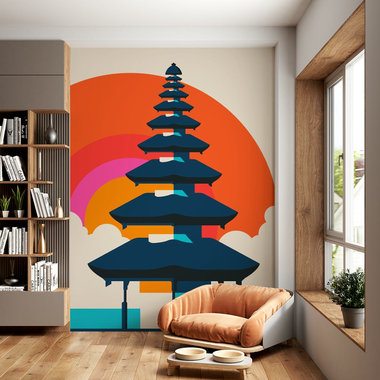 Stylized Balinese Pagoda silhouette against sunset - Bali 92 Wall Mural