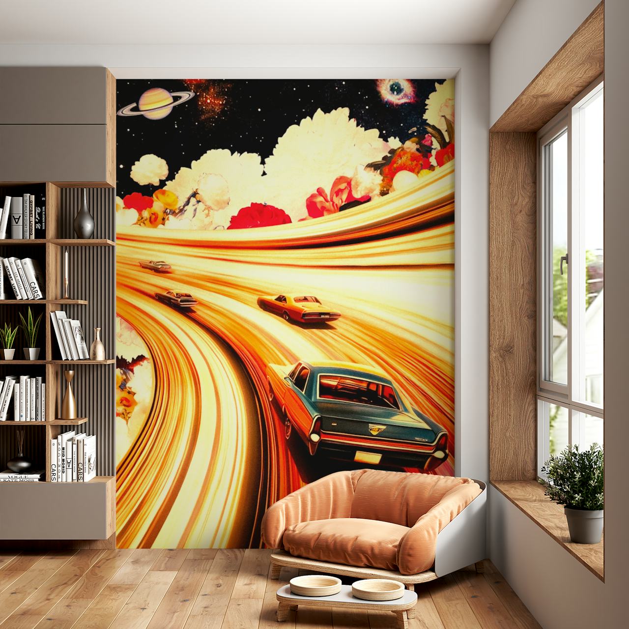 Colorful flower and car wallpaper in a room