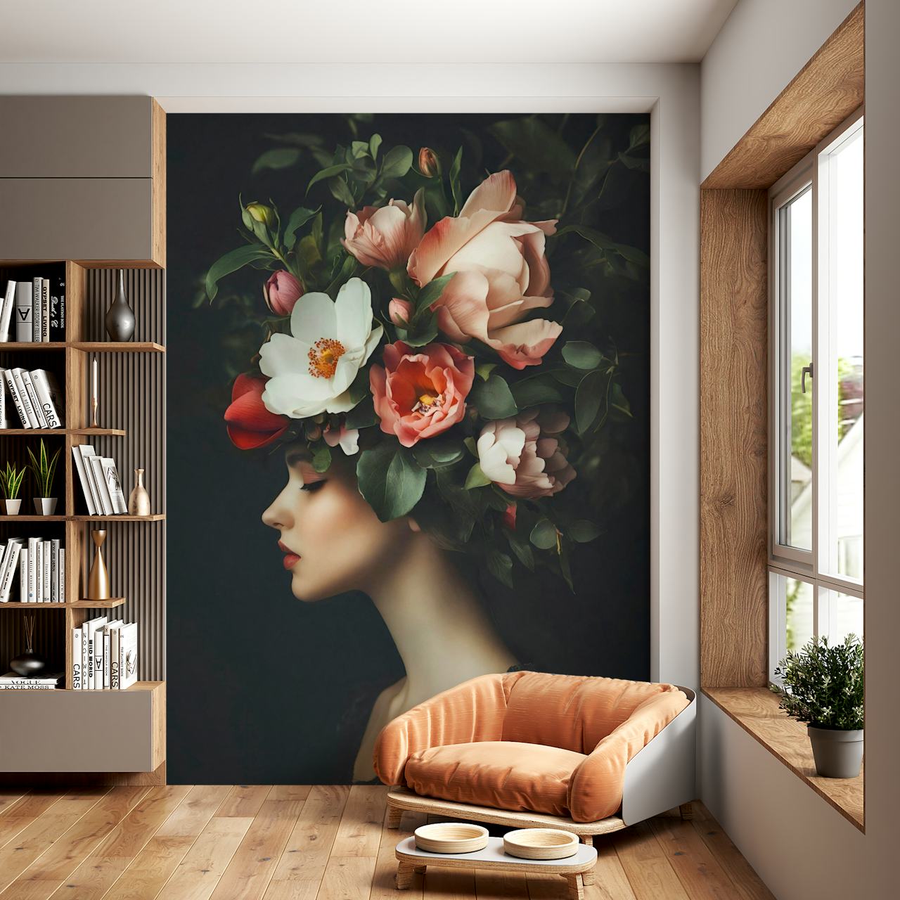 Floral portrait wallpaper in a room