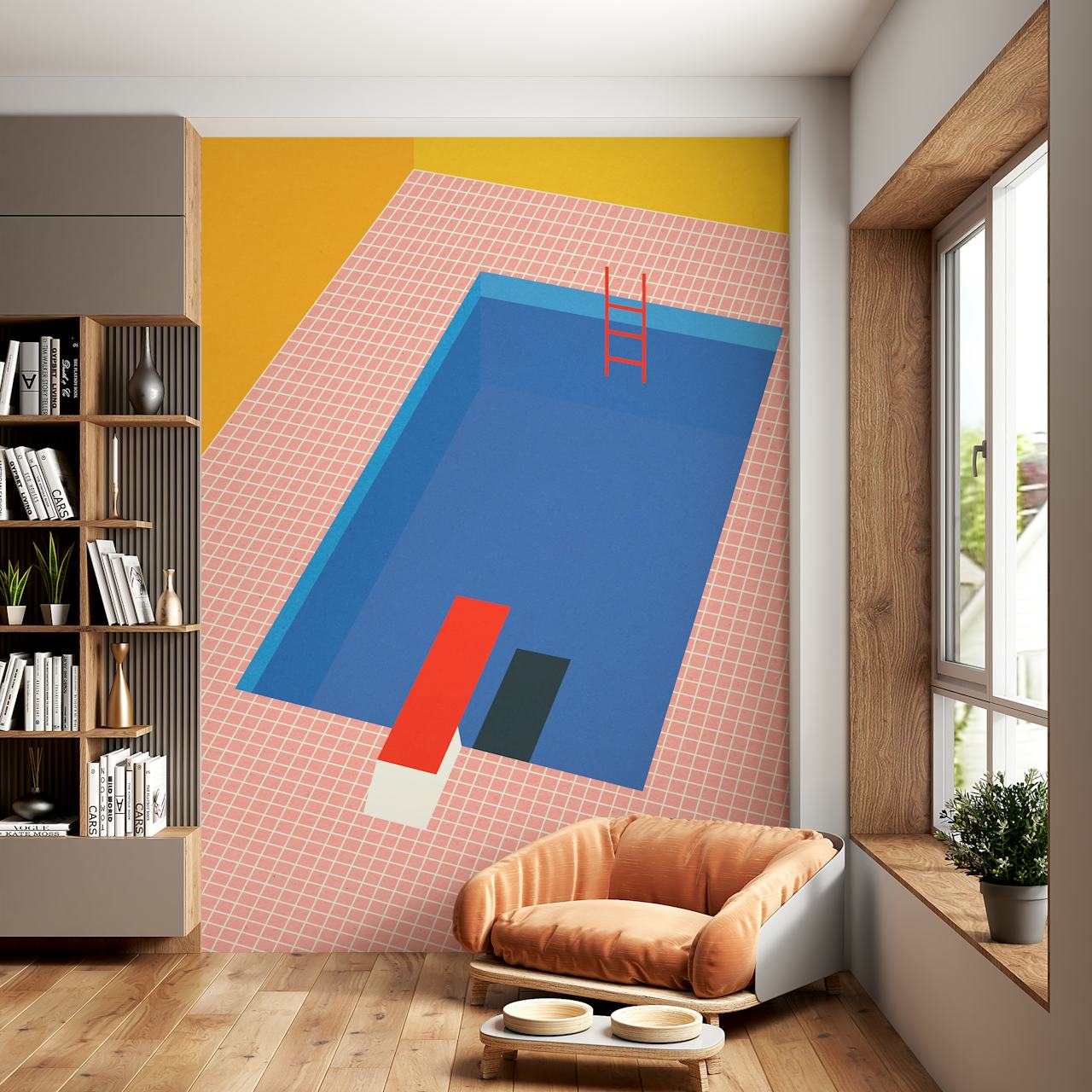 Colorful pool with blue water, red diving board, and yellow wall wallpaper