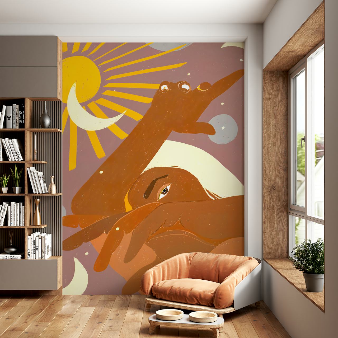 Papel pintado de temática celestial con luna y sol
