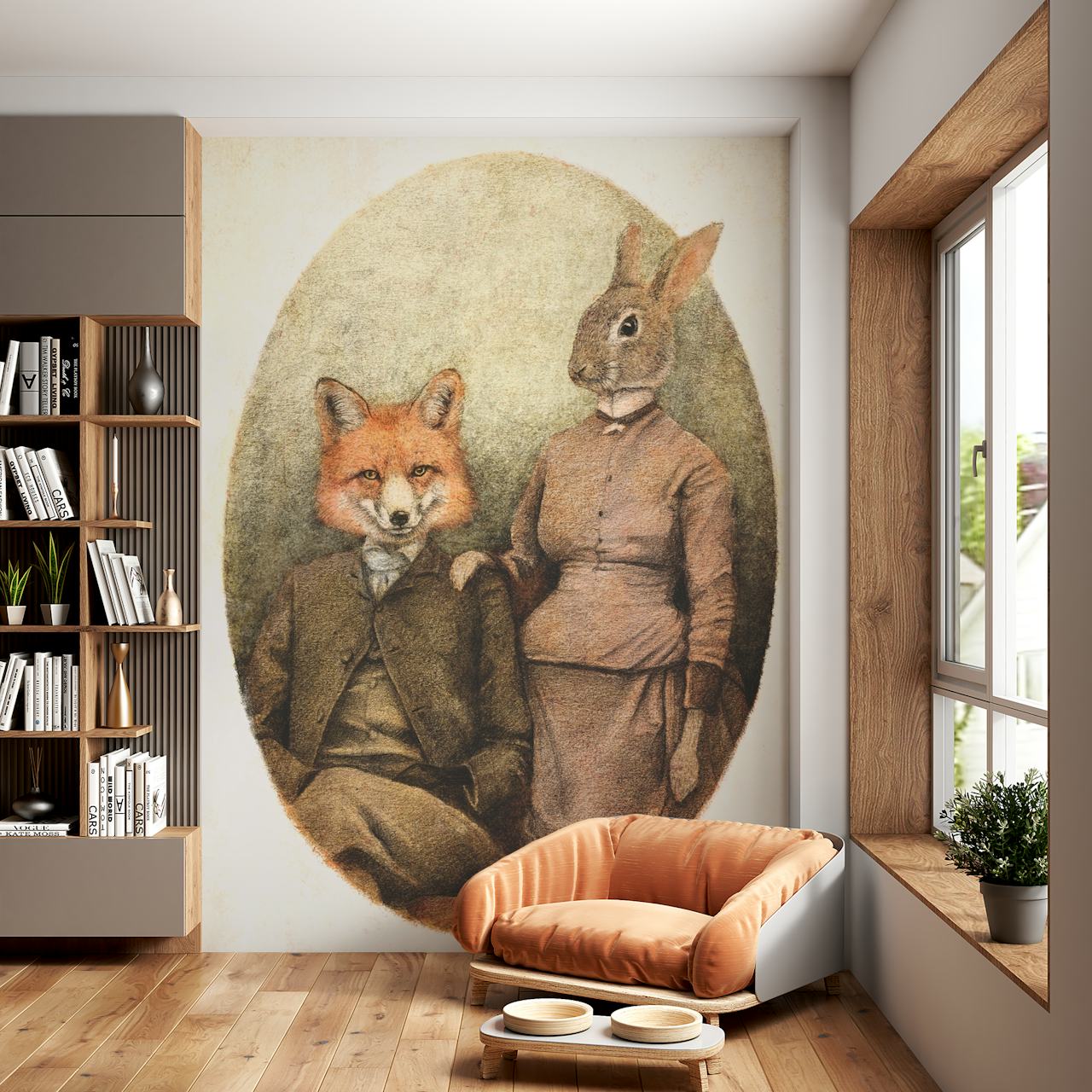 Foxes and rabbit wallpaper in a room