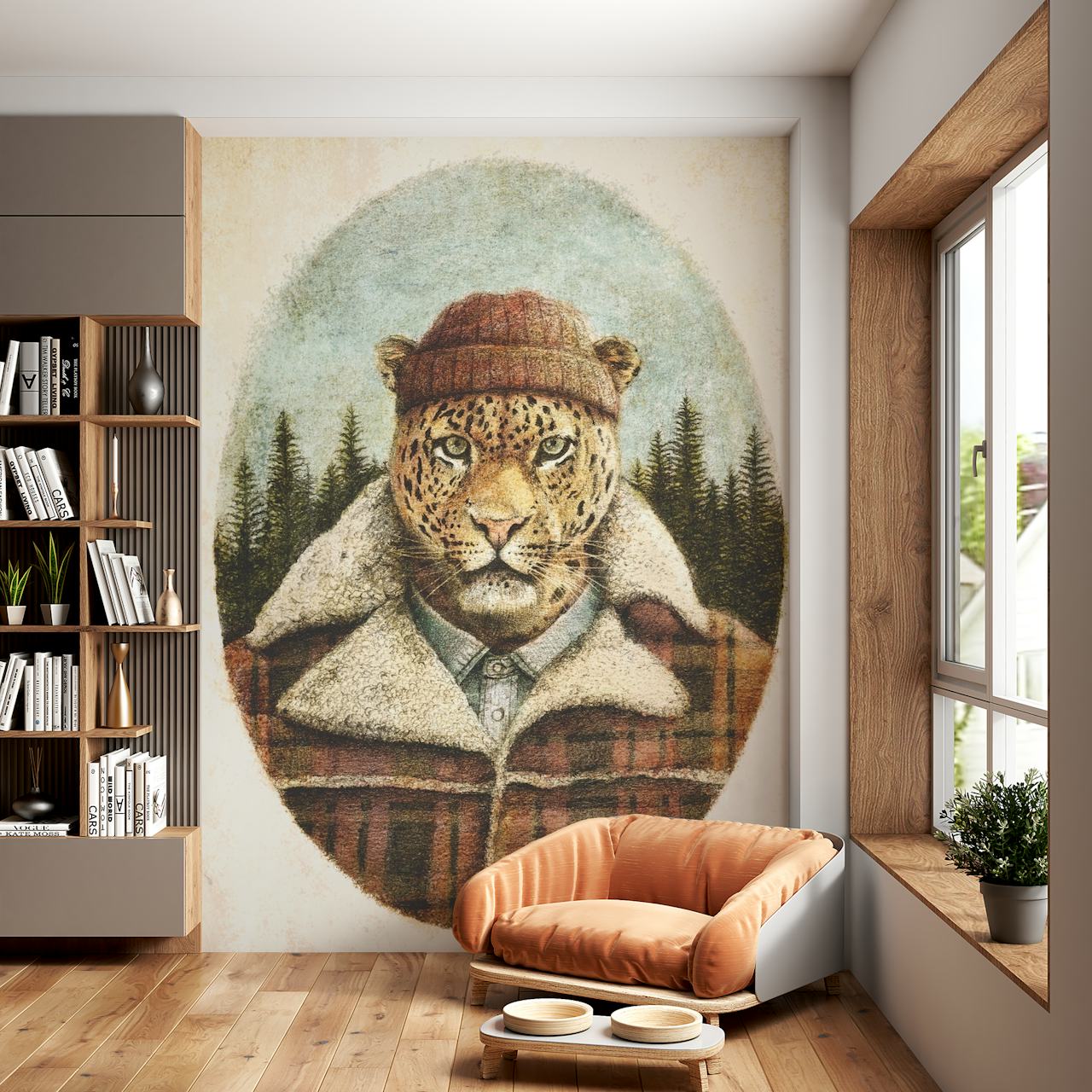 Leopard wearing a hat and plaid shirt in forest setting wallpaper