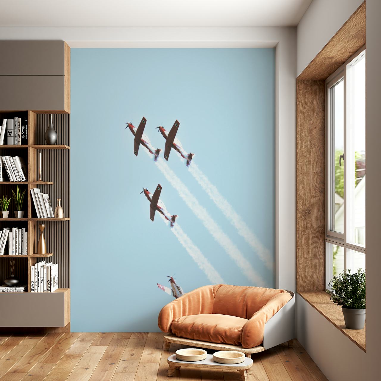 Vintage aircraft wall mural showcasing a formation of planes against a light blue sky with vapor trails.