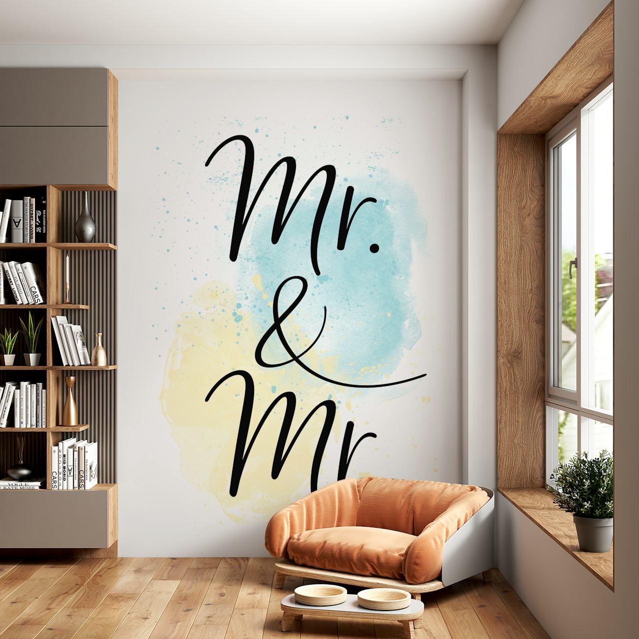Calligraphy 'Mr & Mr' in blue and beige watercolor wallpaper