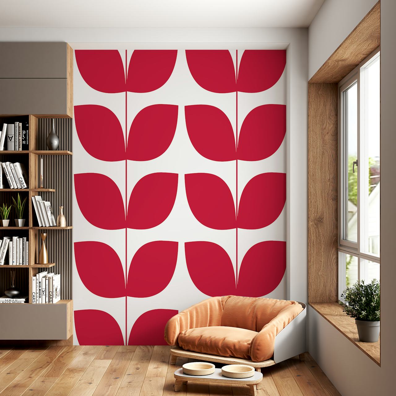 Red leaf pattern on white background mid century modern wallpaper
