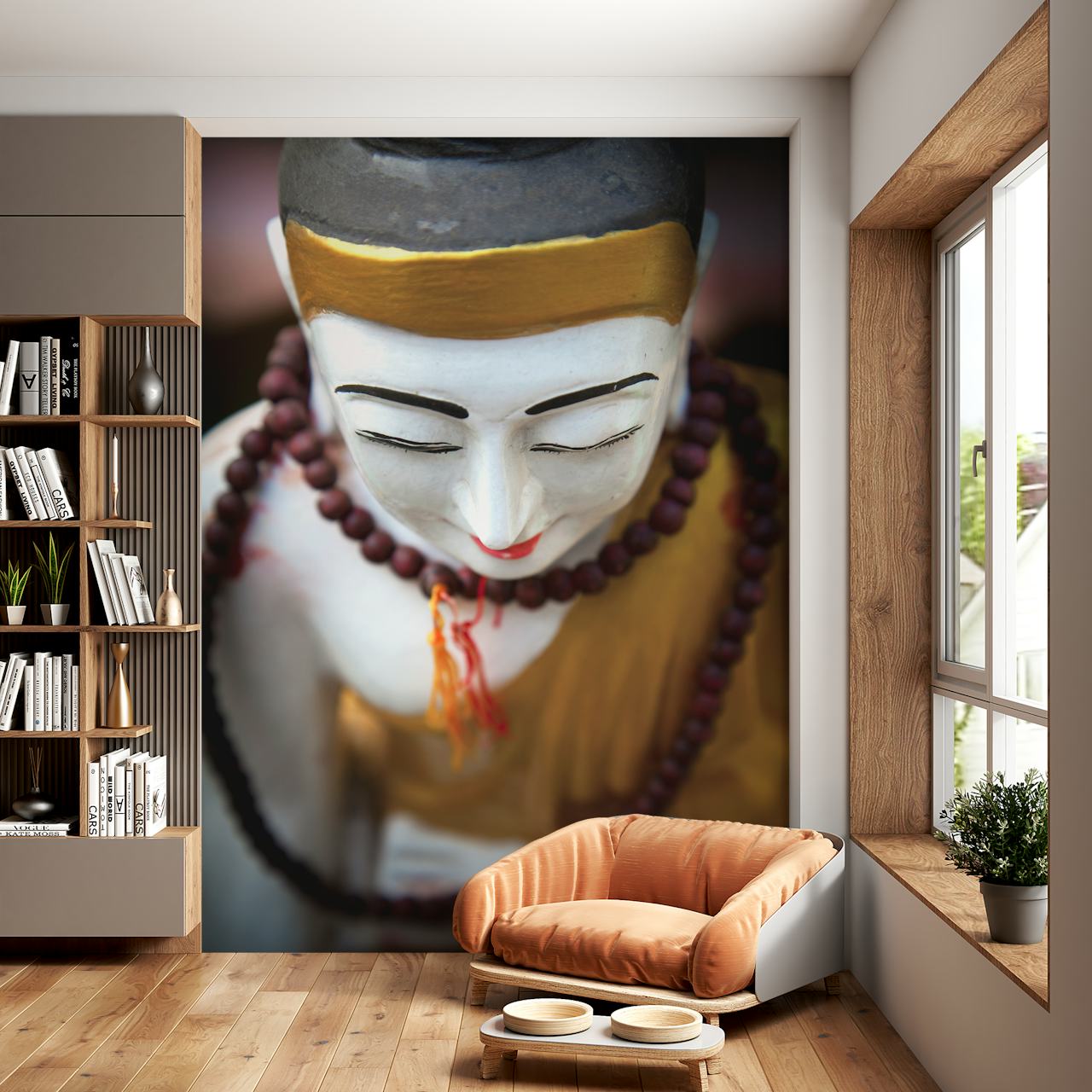 Fotomural de pared con estatua de Buda dorado con expresión pacífica y adornos tradicionales.