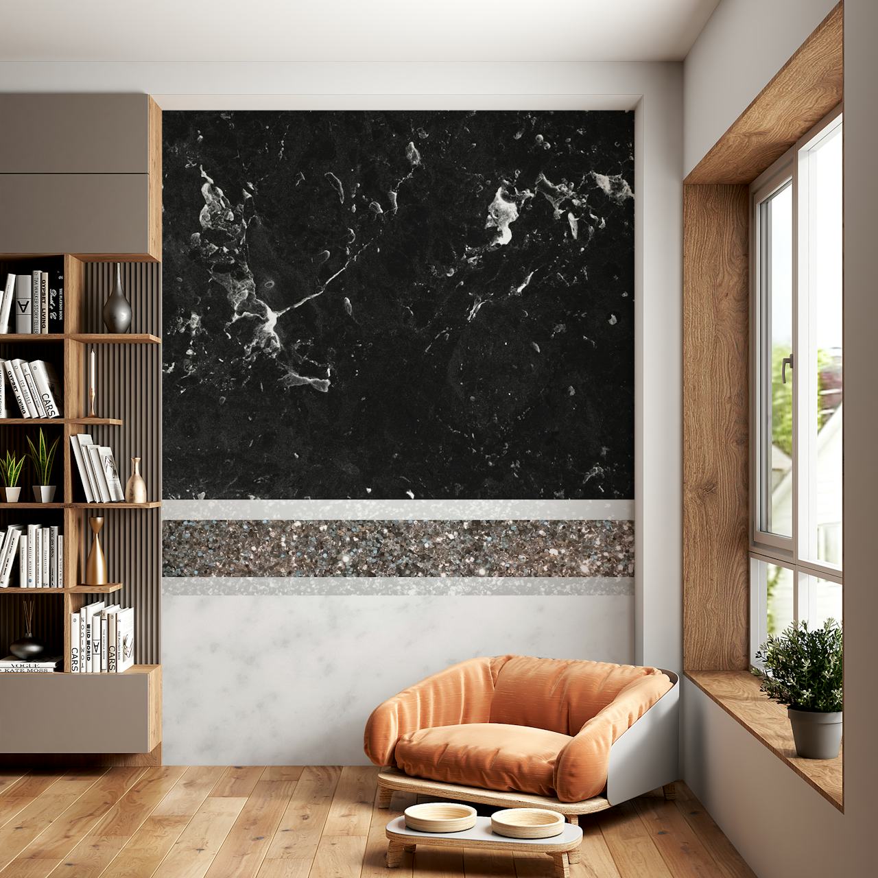 Black Marble Silver Stripe wallpaper in a room