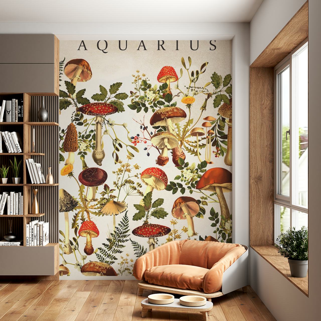 Mushrooms and floral patterns in earthy tones wallpaper