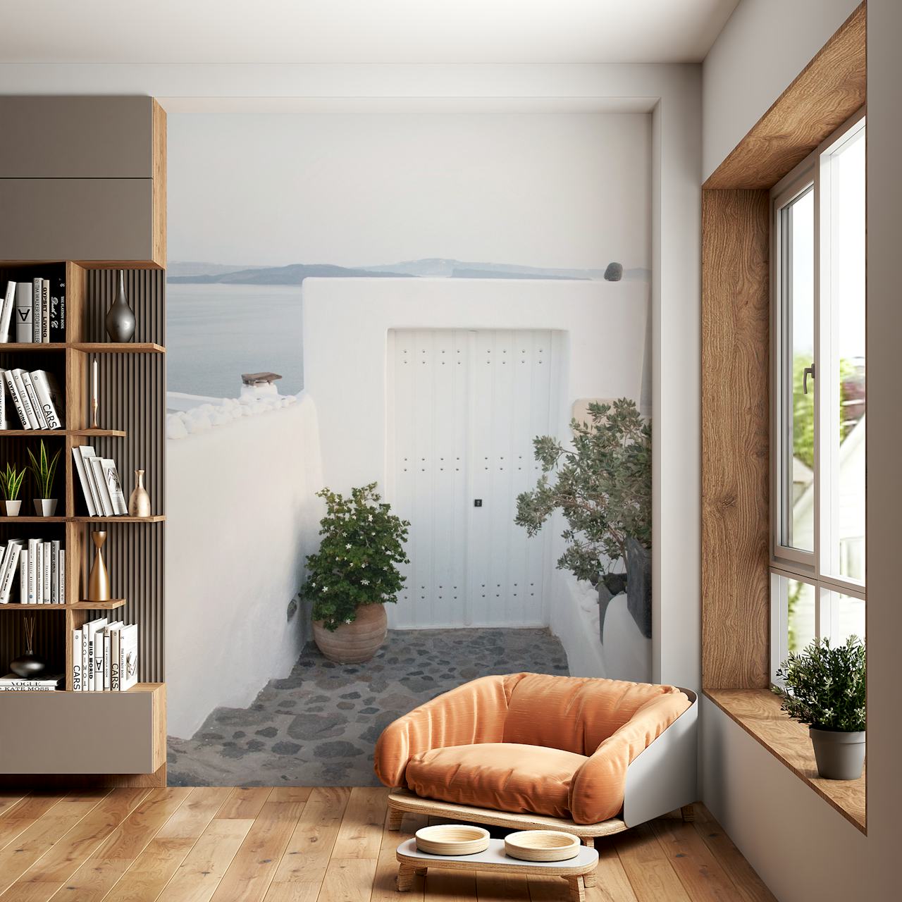 White door and stone steps with green plants wall mural