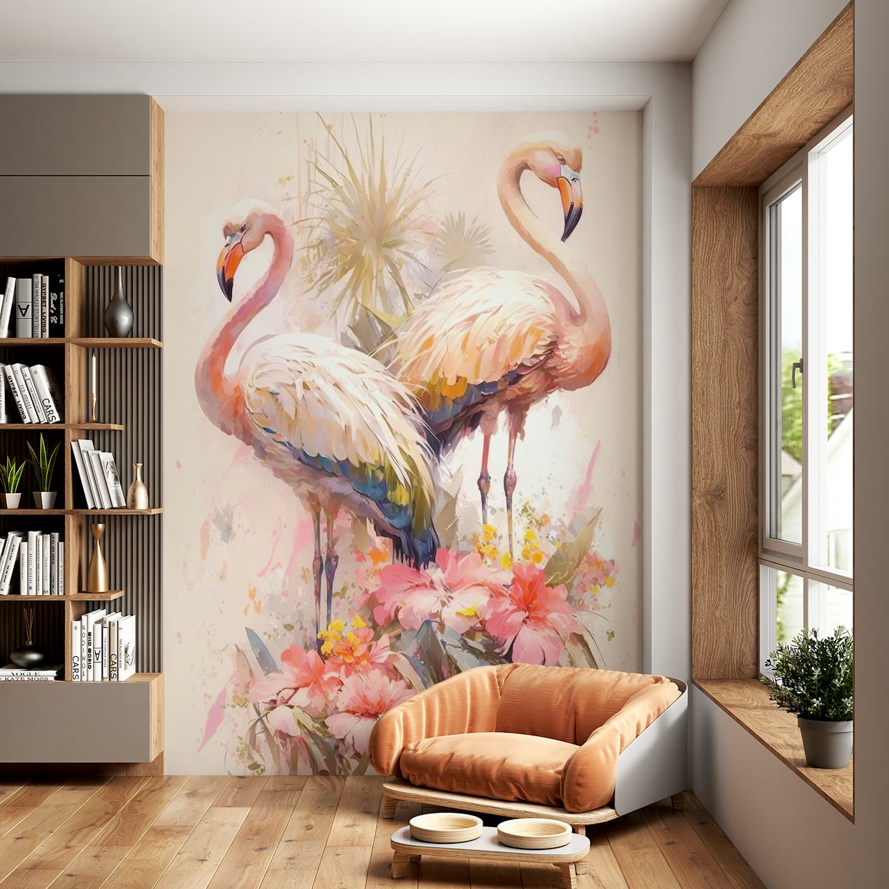Two flamingos surrounded by floral patterns in pastel colors wallpaper